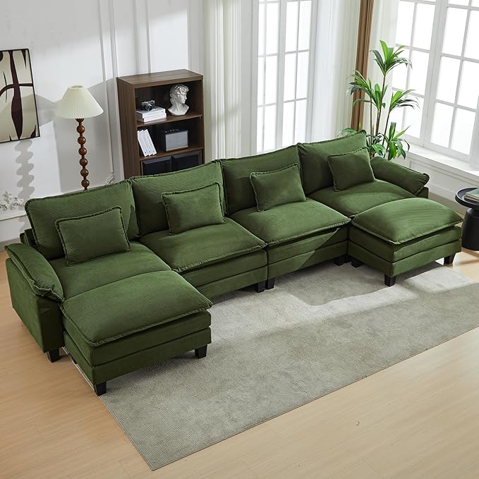URRED Cloud Couch Modular Sectional Sofa, 157" Modern U Shaped Deep Seat Sofa with 2 Ottomans & Pillows, Ultra Comfy Corduroy Couches for Living Room, Bedroom or Apartment, Green