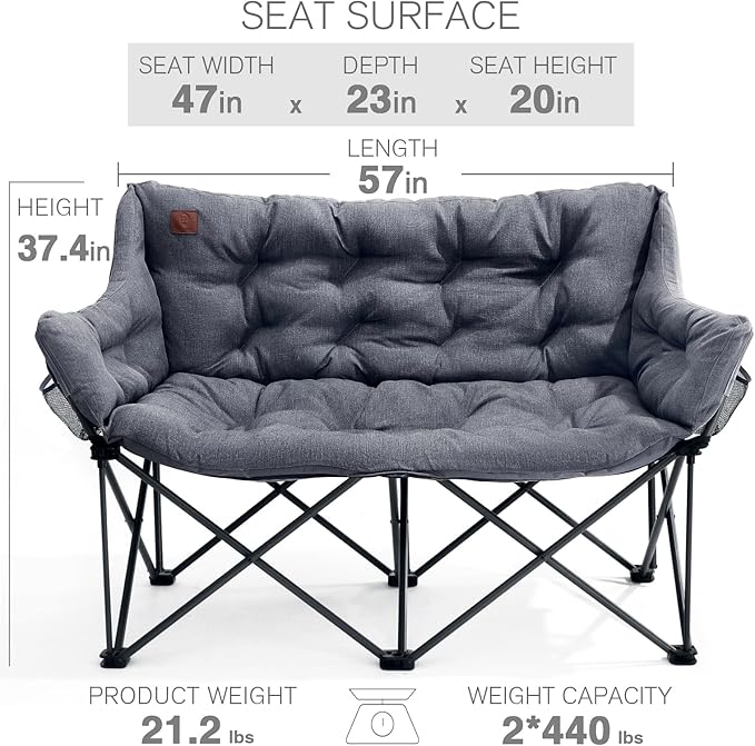 EVER ADVANCED Extra Large Double Camping Chair for Adults, Family Size Padded Folding Camping Love Seat Bench with Side Pocket Portable Camping Couch, Two Person Heavy Duty Folding Outdoor Chair