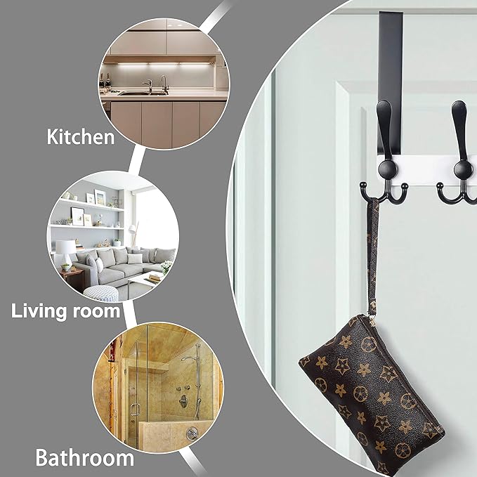Dseap Over The Door Hook Hanger - 5 Tri Hooks, Heavy Duty Over The Door Towel Rack Coat Rack for Clothes Hat Towel, White & Black