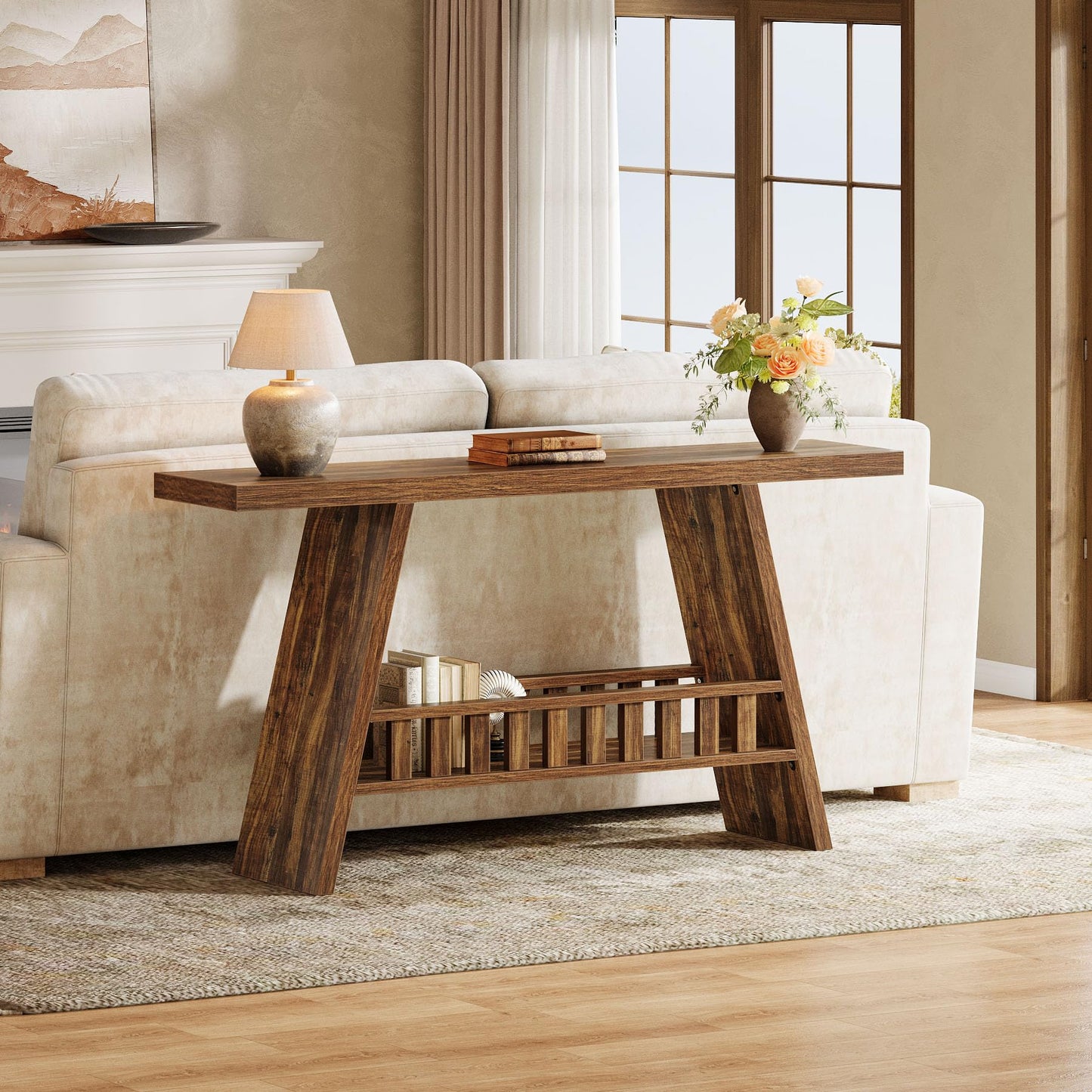 Tribesigns 63-Inch Long Entryway Console Table, Farmhouse 2-Tier Narrow Sofa Table Behind The Couch for Living Room, Hallway, Rustic Brown