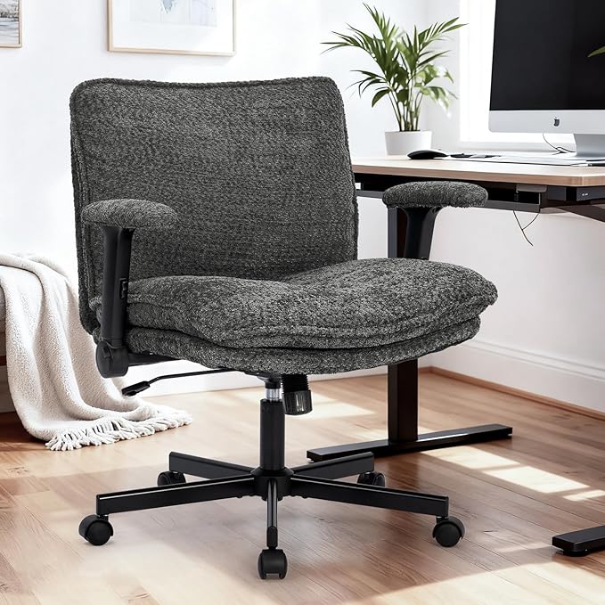Kassipo Criss Cross Legged Office Chair with Wheels and Flip-Up Arms, Upholstered Criss Cross Desk Chair, Wide Seat Chairs for Home Office, Vanity, Apartment, Grey