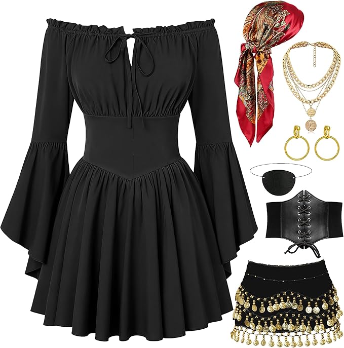INFLATJOY Pirate Costume Women with Off Shoulder Dress Gold Sequin Belt Accessories Halloween Set Costume