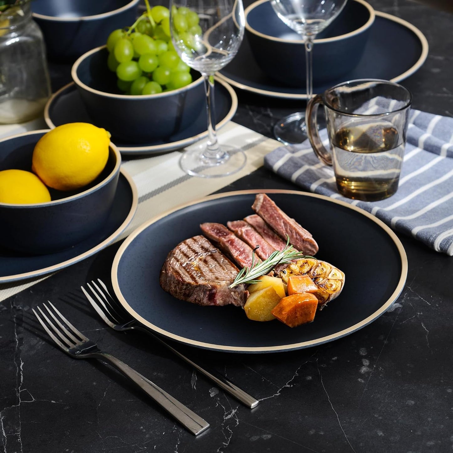 Melamine Dinnerware Sets for 4,12 Pcs Plate and Bowl Set,Unbreakable dish set,BPA Free,Suitable Indoors And Outdoors (Matte Black)