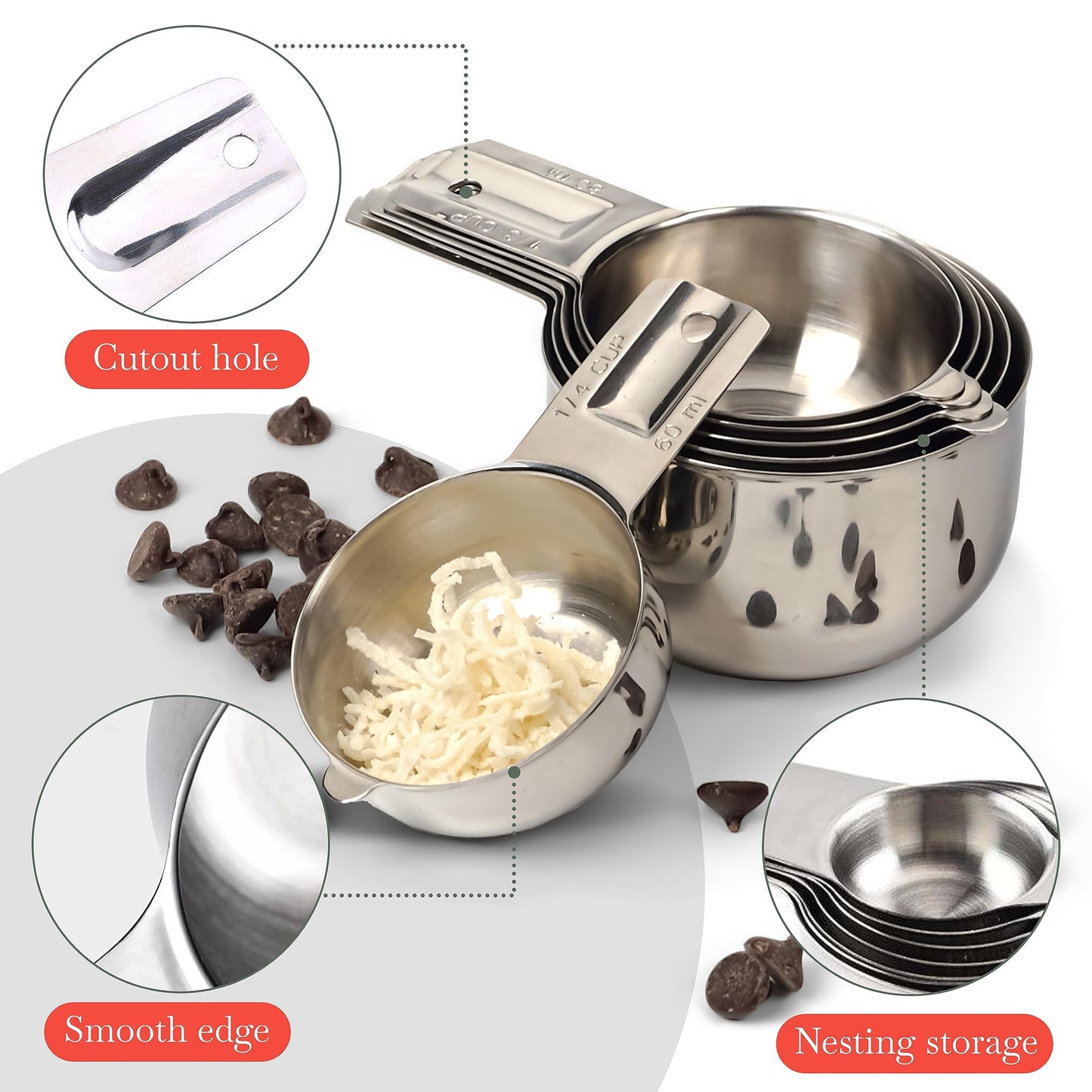 Bellemain One-Piece Stainless Steel Measuring Cups Set of 6 – Nesting Metal Measuring Cups for Kitchen – Dry & Liquid Measurements (ML & OZ), Rust-Resistant, Dishwasher Safe, Ergonomic Design