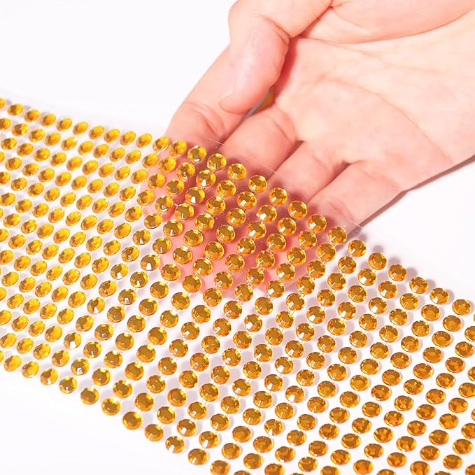 Golden Yellow Face Gems Temporary Tattoos Rhinestones Stickers 3/4/5/6/8 MM Rhinestone Strips Jewel Stickers Stick on Body Jewels Makeup Glue Crystal for DIY Crafts Hair Nails 3555PCS