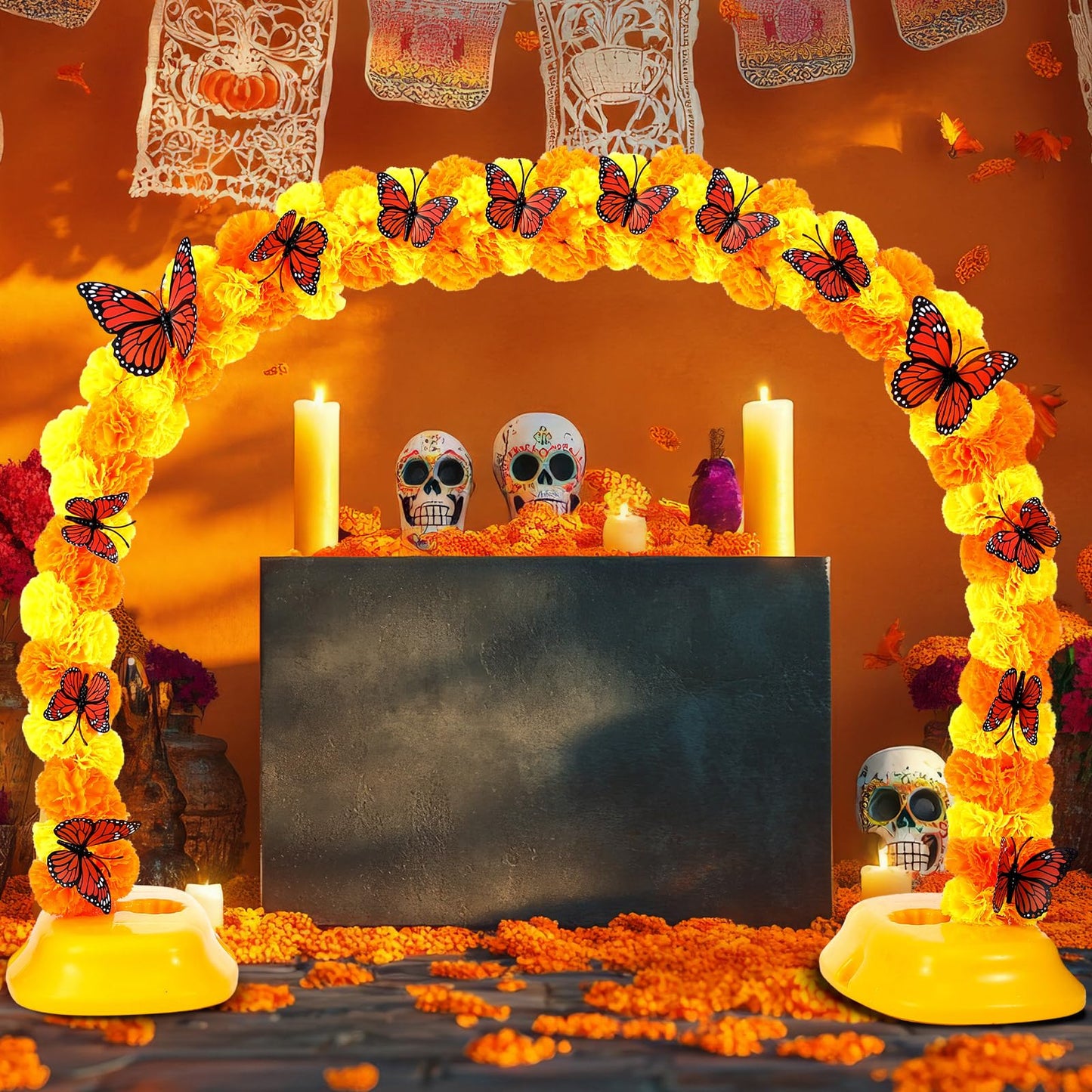 Juinte Day of The Dead Marigold Arch Kit Marigold Flowers Heads Bulk Includes 80 Silk Artificial Flowers 40 Inch Table Arch Kit with 12 Pcs 3D Butterfly for Dia De Los Muertos Indian Diwali Altar DIY