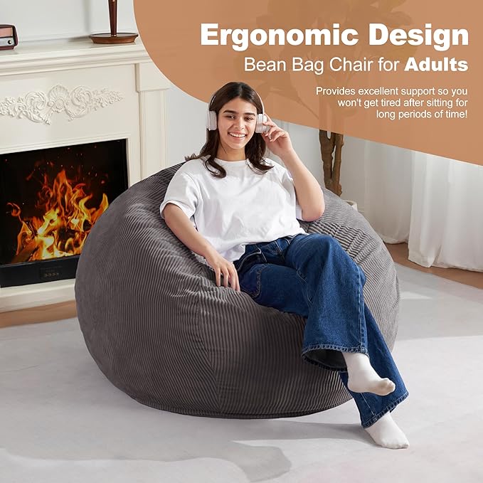 Homguava 3FT Bean Bag Chair: Teardrop Bean Bags with Memory Foam Filled, Compact Beanbag Chairs Soft Sofa with Corduroy Cover (Grey)