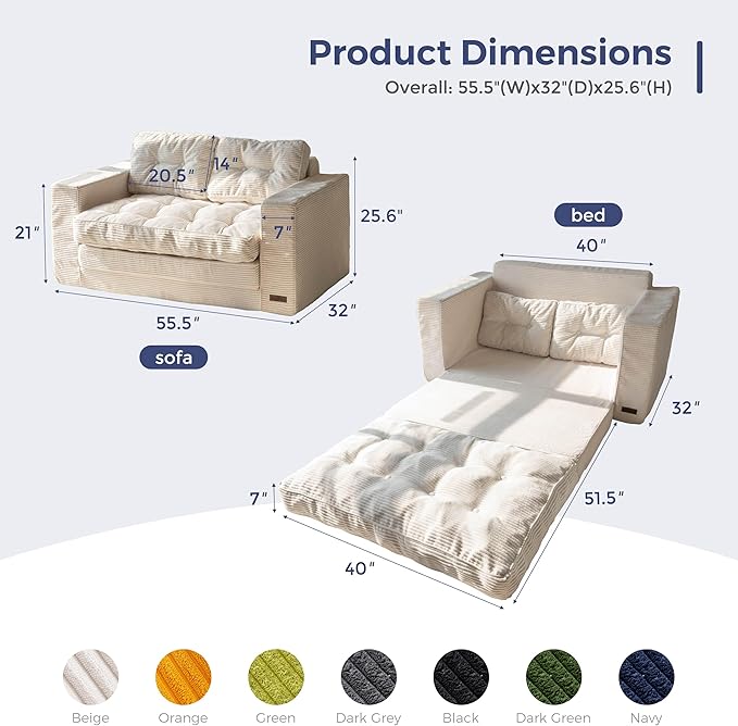 MAXYOYO Convertible Sofa Bed, Pull Out Loveseat Sleeper Sofa, 2 in 1 Folding Couch Bed, Fold Out Floor Couch with Pillows for Living Room Bedroom Lounge, Beige
