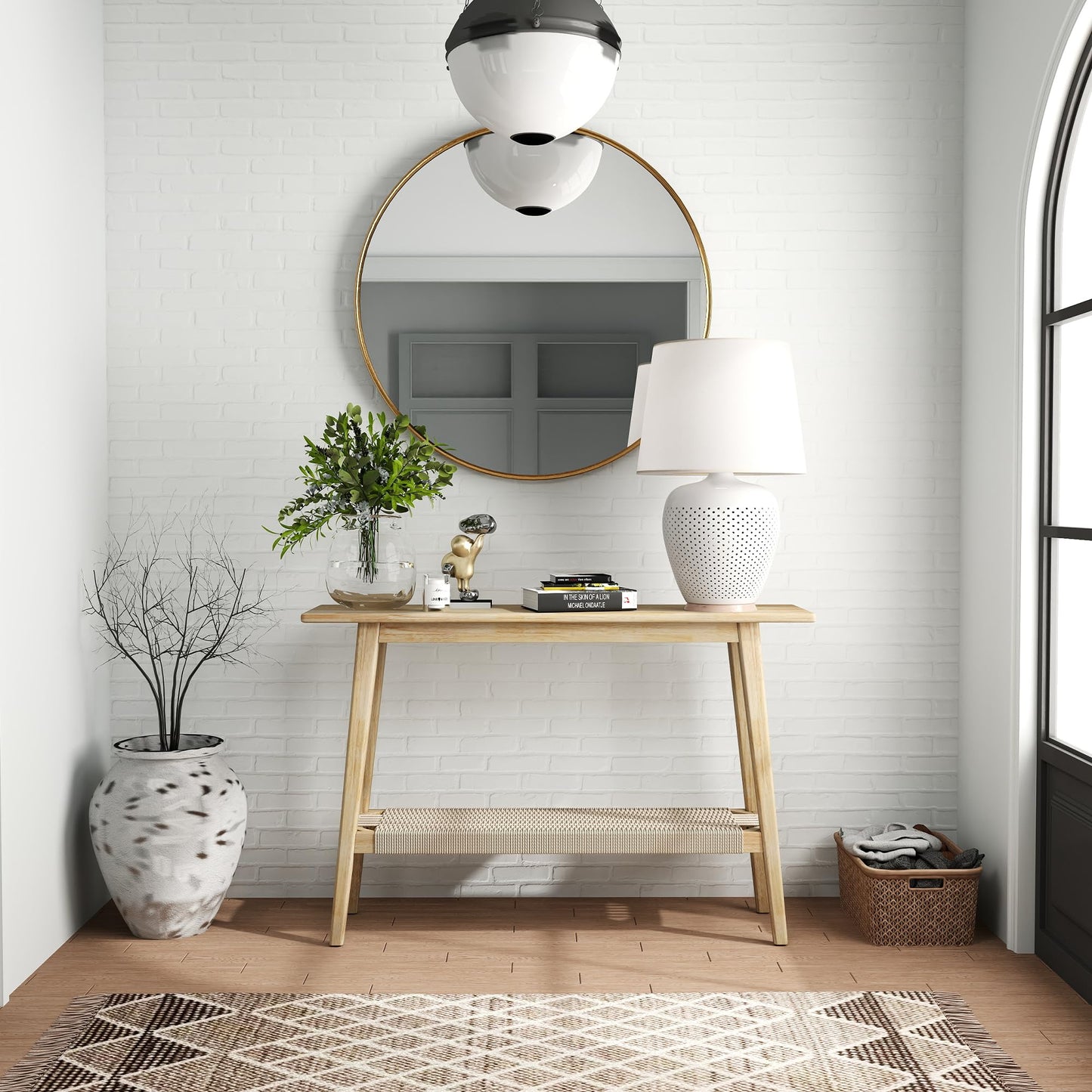 LZAREAL Farmhouse Rattan Entryway Table with Storage Boho Narrow Console Table Wood Long Sofa Table Behind Couch Table for Entryway Hallway Foyer Living Room, Natural Color