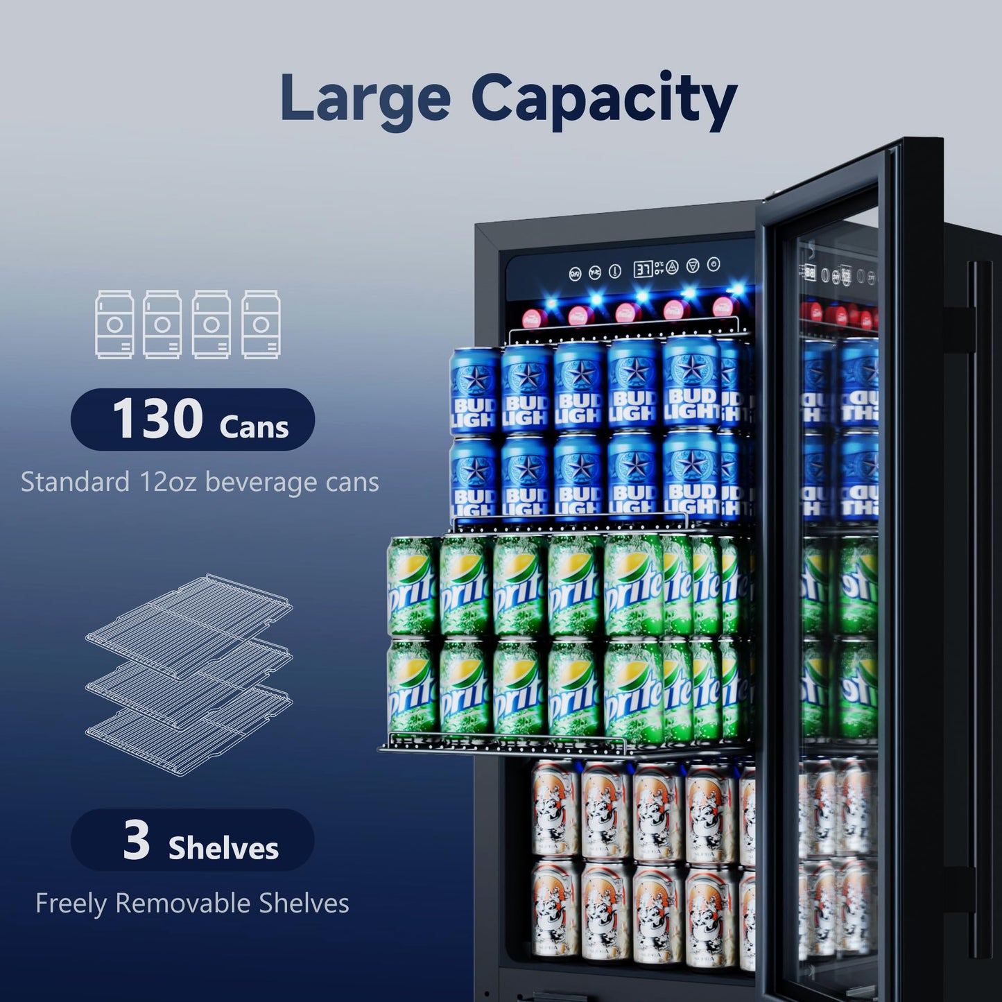 ICEVIVAL 15 Inch Beverage Fridge, 132-Can Capacity Under Counter Refrigerator with Blue LED Display, Beverage Refrigerator with Glass Door & Adjustable Shelves for Home, Bar, Office (Black)