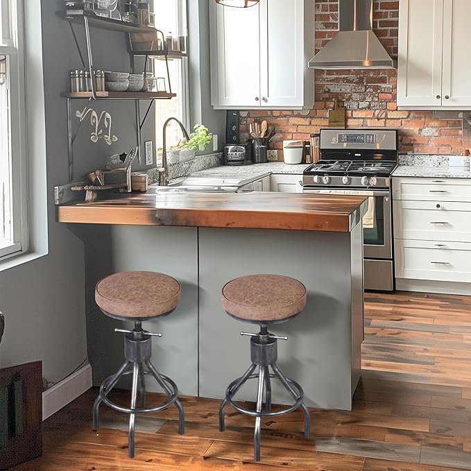 BOKKOLIK Industrial Bar Stools Swivel Pu Seat Vintage Kitchen Island Counter Stool 23-33inch Height Adjustable Rustic Shop Chair (Set of 2)