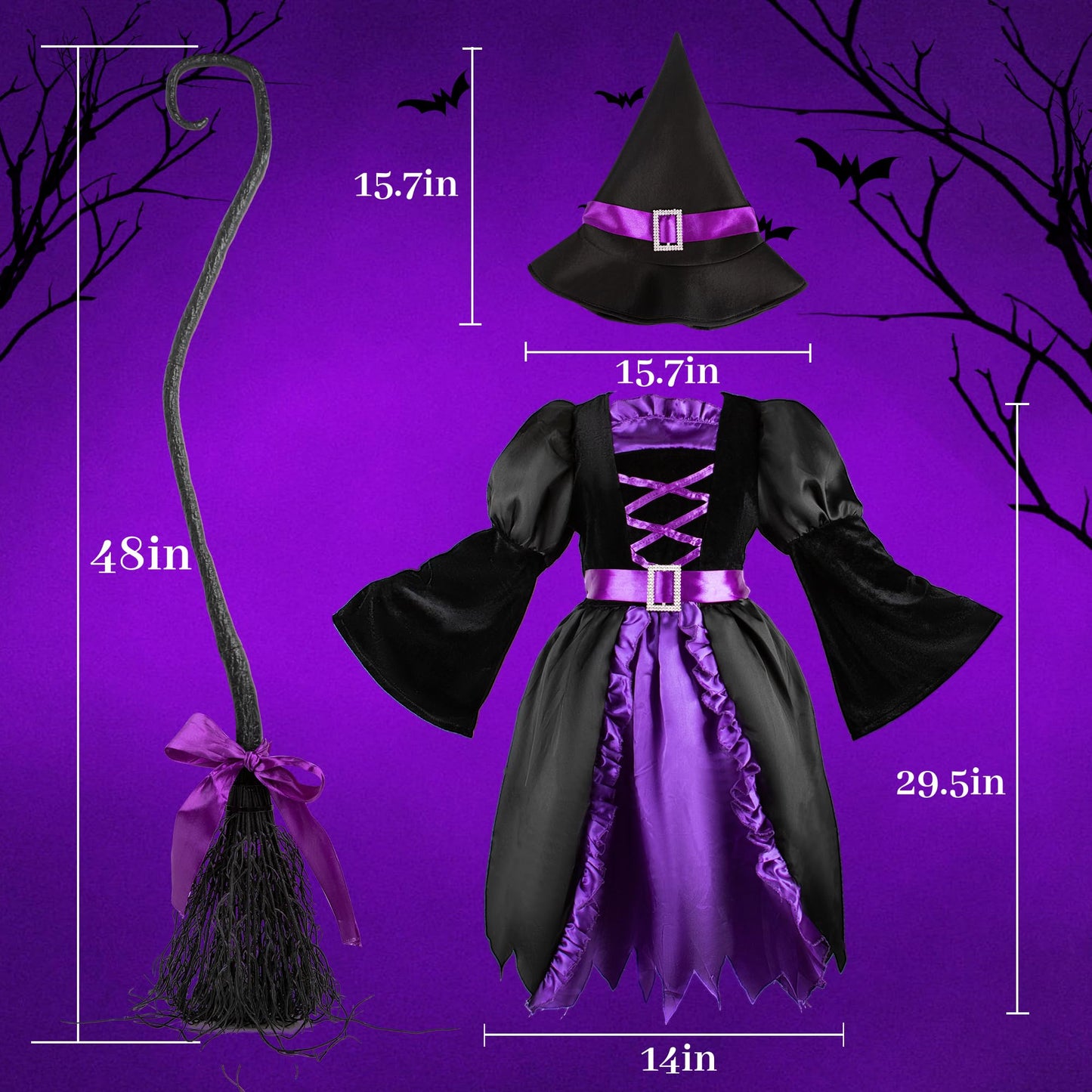 Kiddokids Witch Costume for Girls- Light-Up Dress with Hat & Broom Accessories, Halloween Costume Set for 3-12 Years, Purple Witch Outfit for Halloween Parties & Role Play