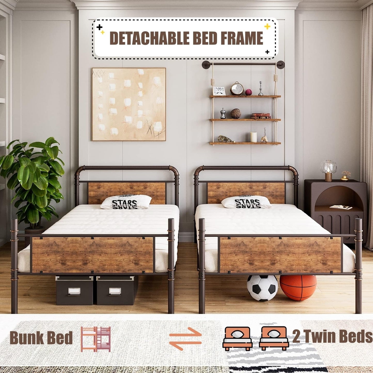 IDEALHOUSE Metal Bunk Bed Twin Over Twin, Twin Bunk Beds, Heavy Duty Twin Size Metal Bunk Bed with High Guardrail & Ladders, Convertible Bunk Beds for Kids Adults, No Box Spring Needed