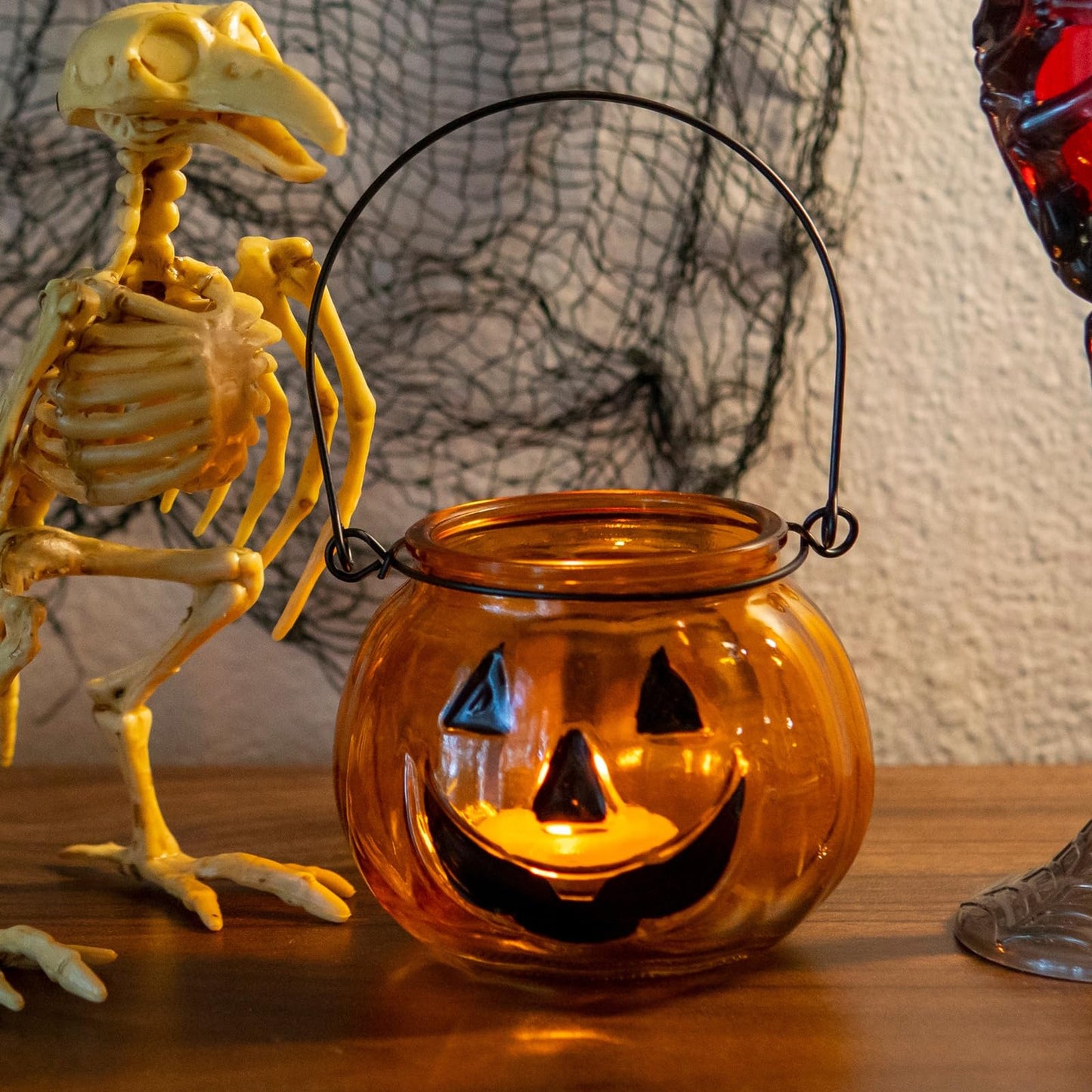 Halloween Candle Holders Set of 4, SHMILMH Tealight Votive Candle Holders with Grimace, Metal Hanging Pumpkin Lantern Decorative Halloween Table Centerpiece Orange