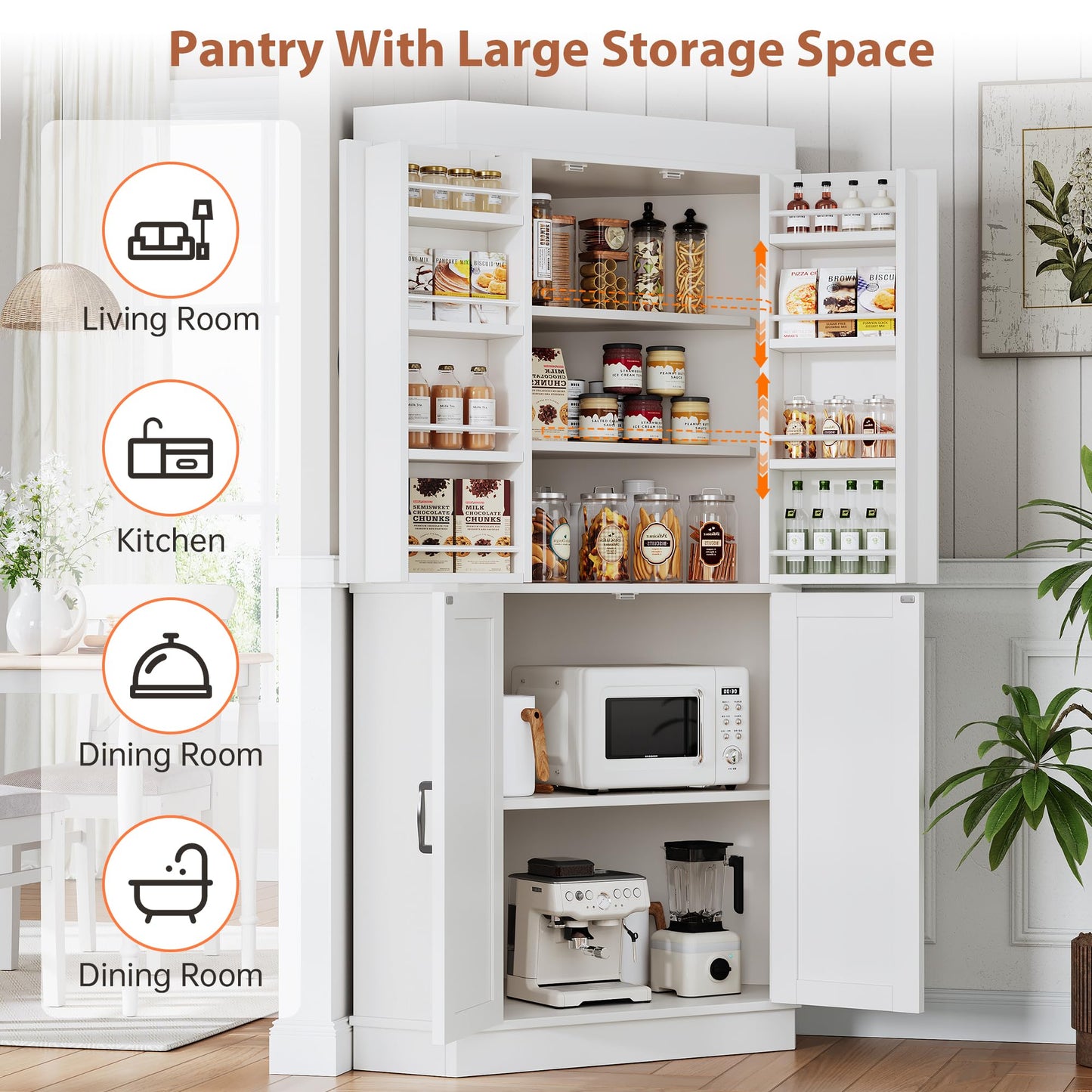 Jocoevol Corner Cabinet, Kitchen Pantry Storage Cabinet with 4 Doors and Shelves, Tall Food Pantry Storage Cabinet Farmhouse Furniture for Kitchen Dining Room, White