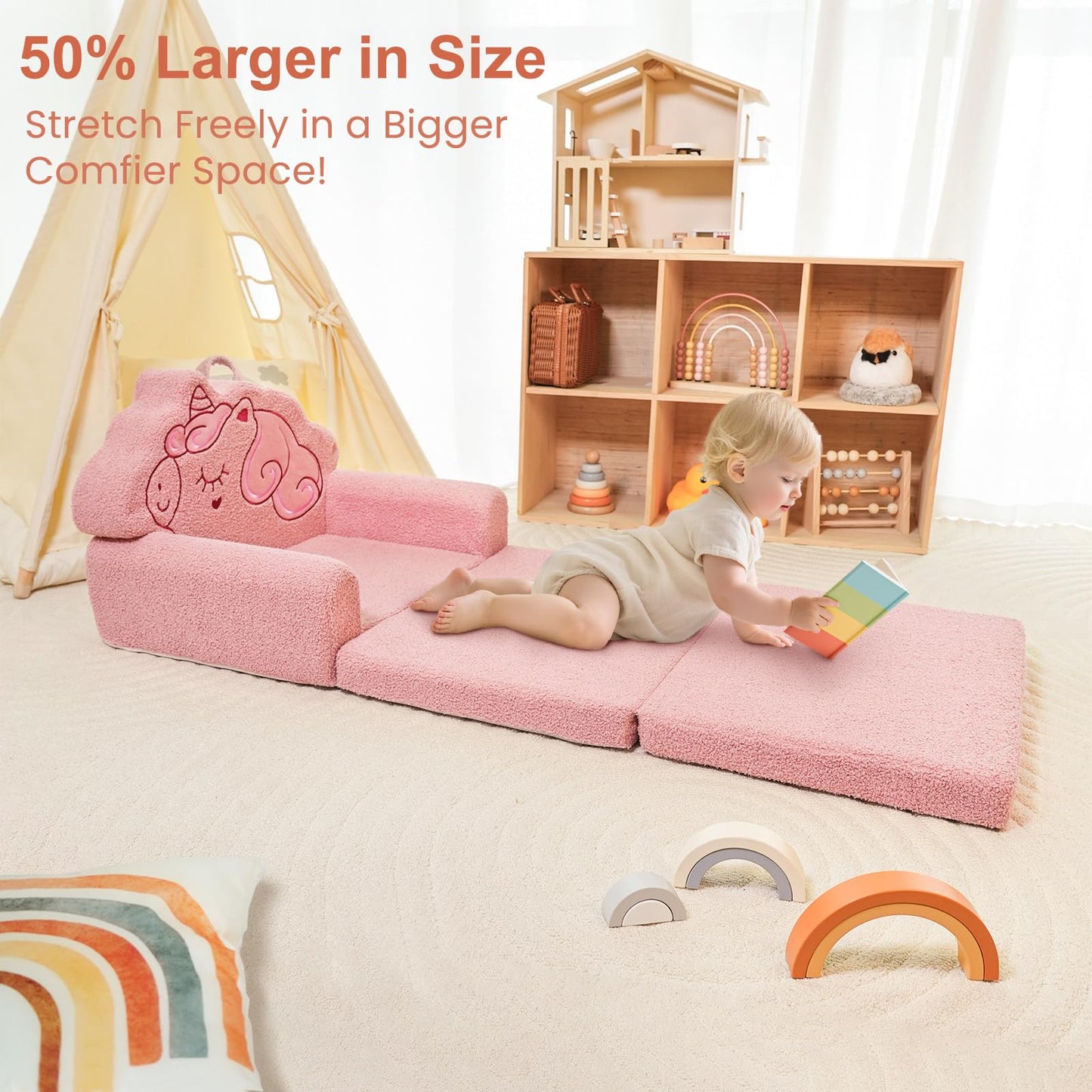 TinyPalsa Kids Couch, Convertible Sofa to Lounger Fold Out, Pink Unicorn Design Chair for Toddlers 1-3, Gift for Birthday, Movie Night