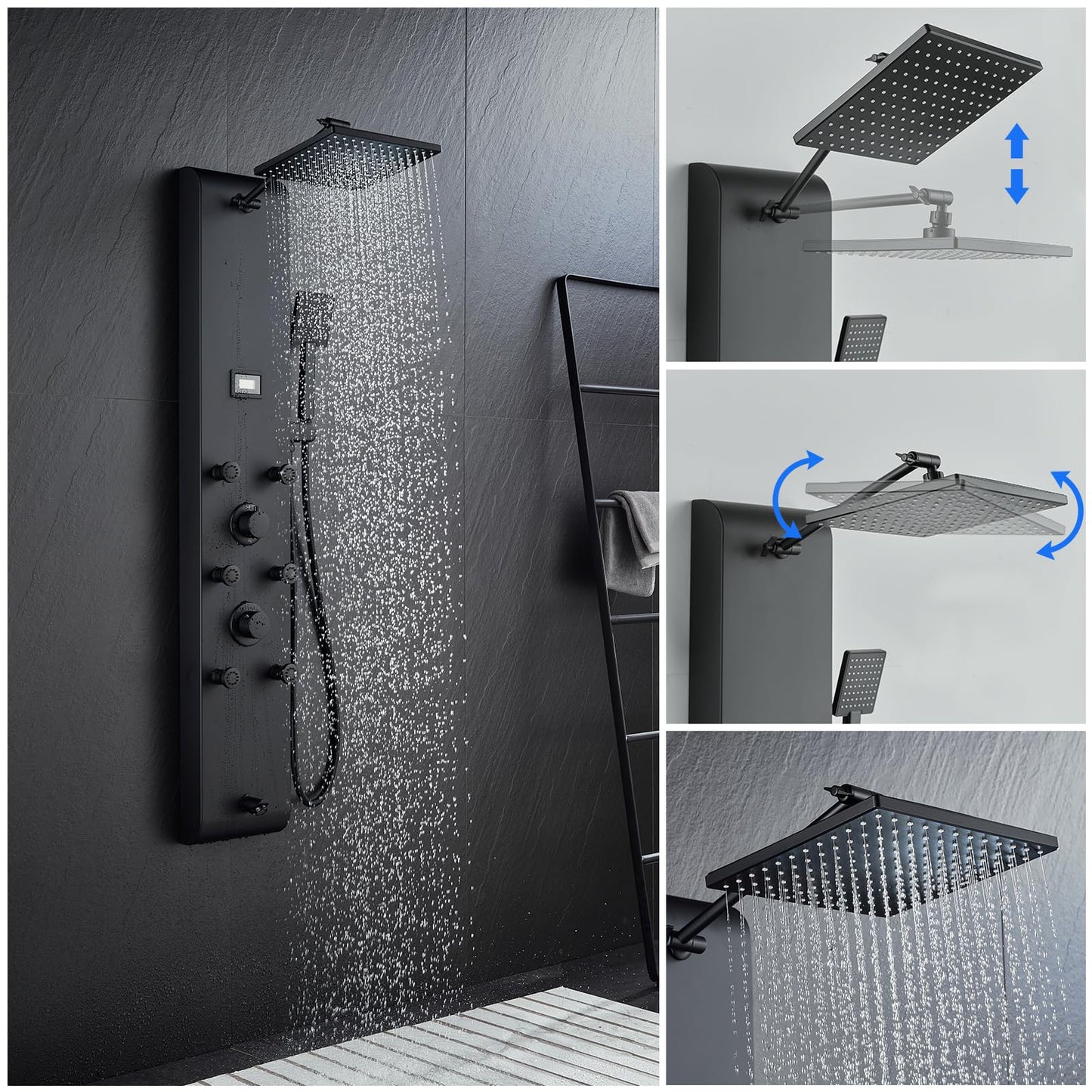 MENATT Stainless Steel Shower Panel Tower System with Height Adjustable Rainfall Shower Head, 4 in 1 Shower Panels with 6 Body Jets, Handheld Shower, Tub Spout, Brushed