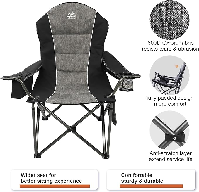 LANMOUNTAIN Camping Chairs for Adults,High Back Folding Camp Chair with Cup Holder and Cooler Bag,Heavy Duty Outdoor Lawn Chairs,Perfect for Camping,Hiking,Picnics,and Beach Trips,Black…