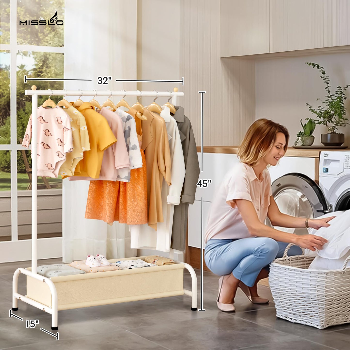 MISSLO Kids Clothing Rack with Basket Small Dress Up Storage Short Toddler Dress Up Rack Kids Closet for Baby Clothes, White