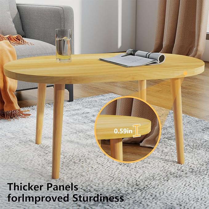 Funecy Coffee Table Low Table with Solid Wood Sturdy Legs, Floor Table Desk for Sitting on The Floor, Storage and Living Room Furniture (Natural-Oval)