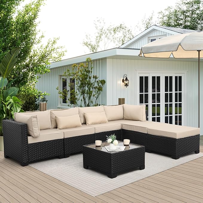 Lviden 7 Pieces Outdoor PE Wicker Furniture Set Patio Rattan Sectional Conversation Sofa Set with Khaki Cushions and Glass Top Table
