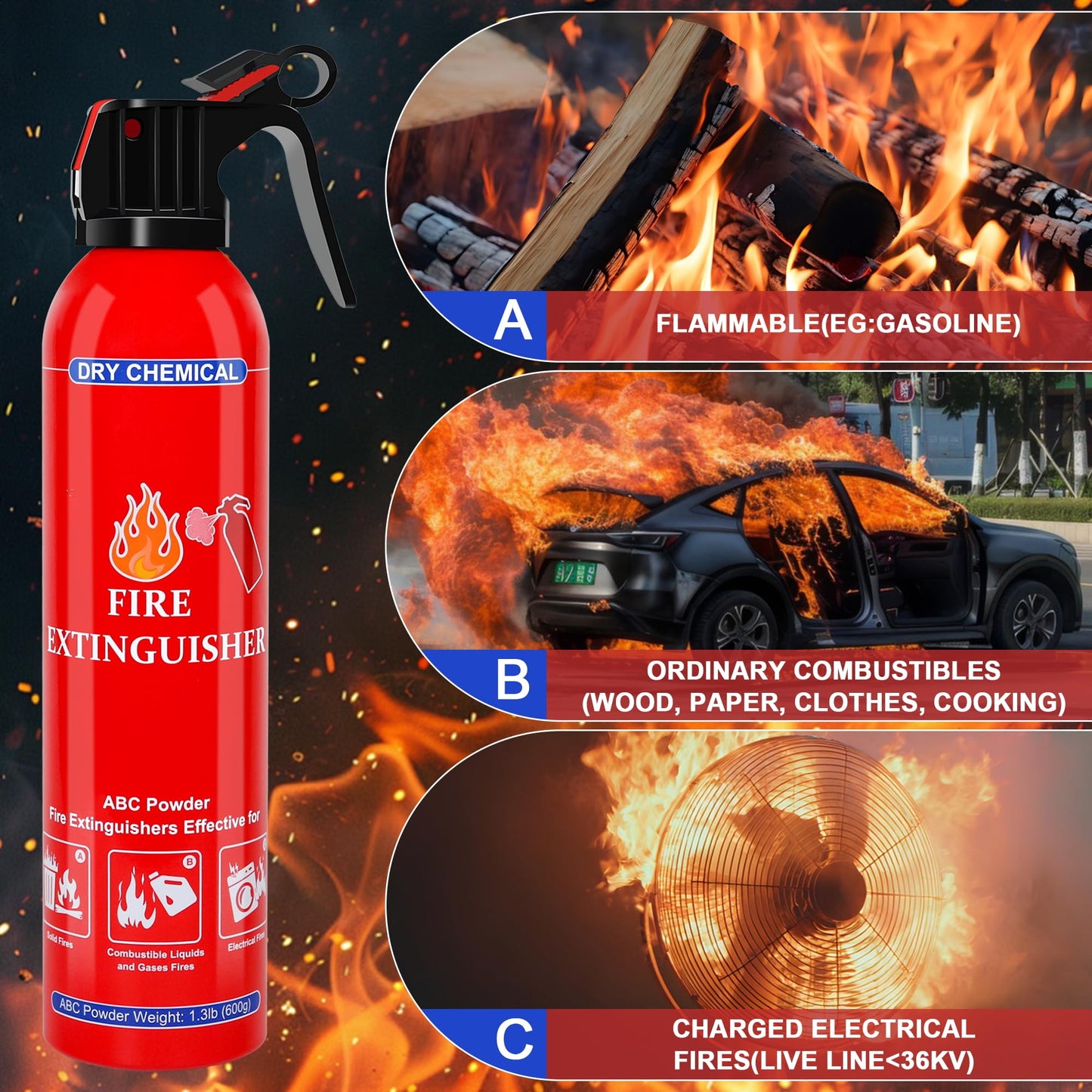 4 Pack ABC Fire Extinguishers for Home & Vehicle, 600ml Dry Chemical Fire Extinguisher with Mounting Bracket – Ideal for Kitchen, Car, Boat, RV & Business Safety