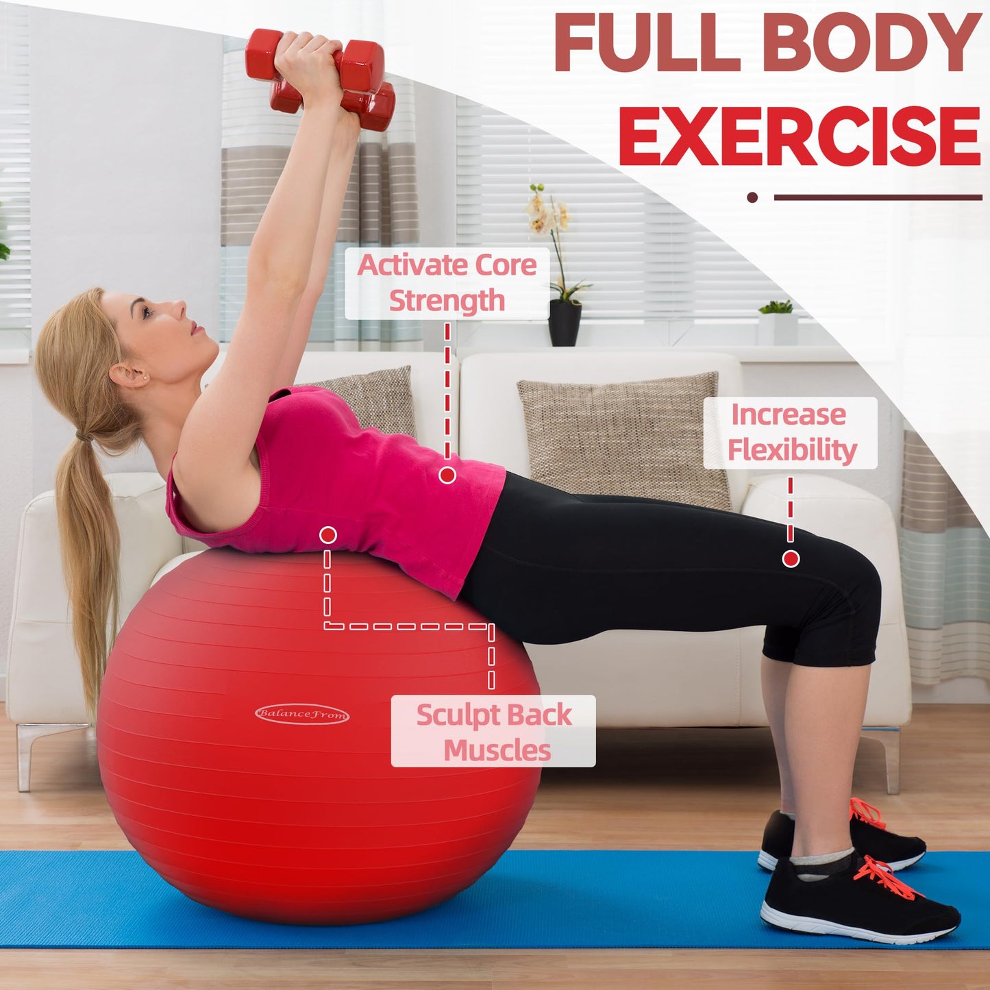 Fitvids Anti-Burst and Slip Resistant Exercise Ball Yoga Ball Fitness Ball Birthing Ball with Quick Pump, 2,000-Pound Capacity, Red, 30-inch, XL