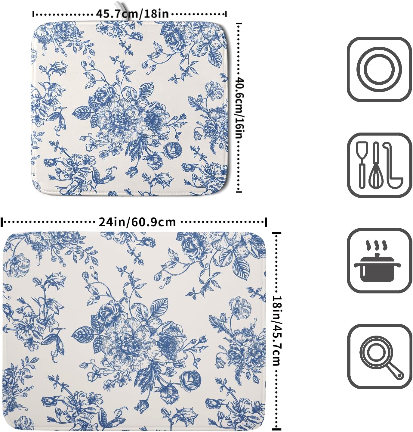 Vintage Blue Floral Dish Drying Mat for Kitchen Counter 16x18 Inch Chinoiserie Flowers Absorbent Reversible Microfiber Dish Pad Dish Drainer Rack Mats Countertops Protector Mat