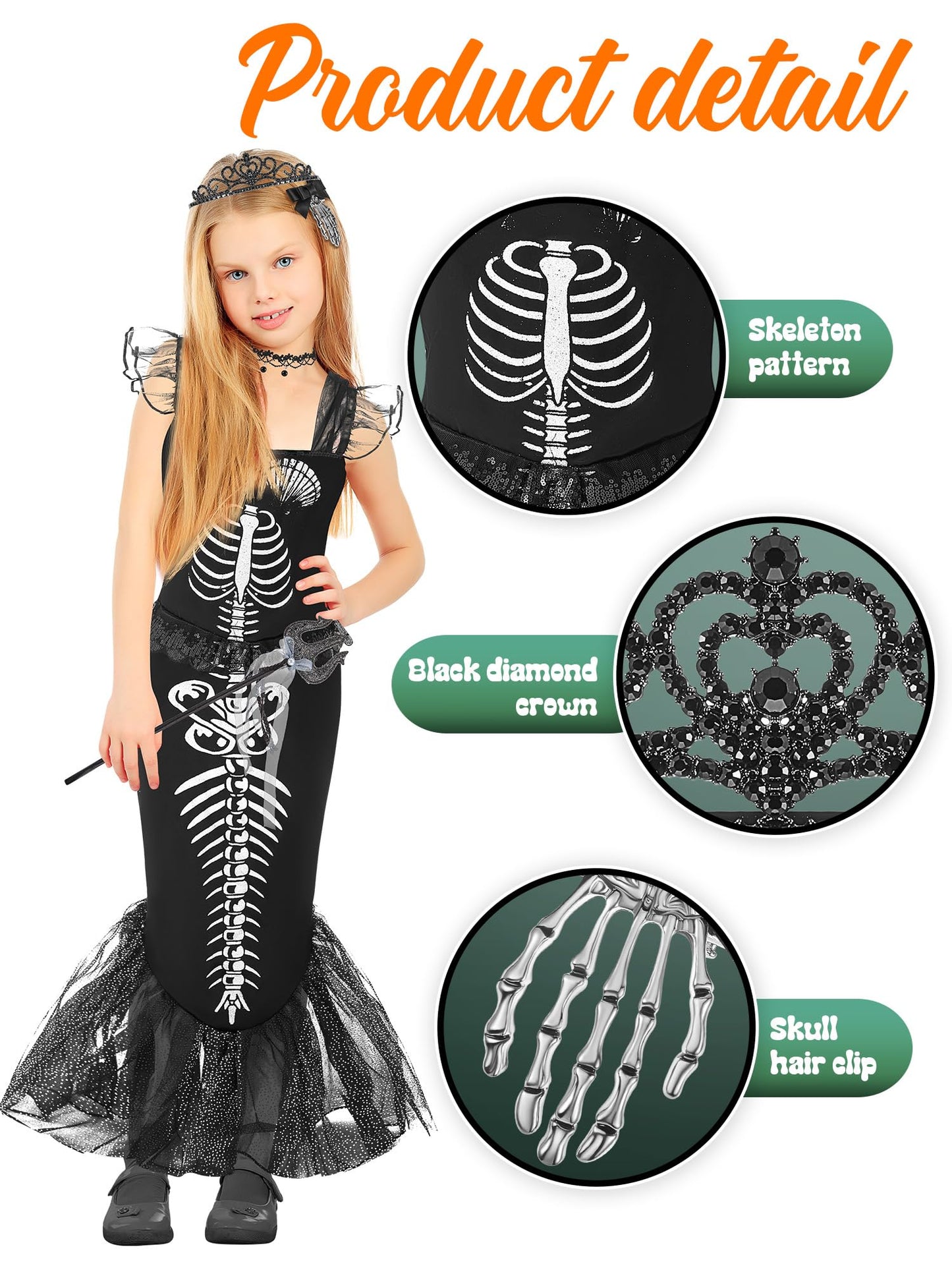 Liitrsh 6 Pcs Girls Halloween Skeleton Costume for Kids Fishtail Mermaid Dress with Accessories for Toddler Cosplay(8,Black)