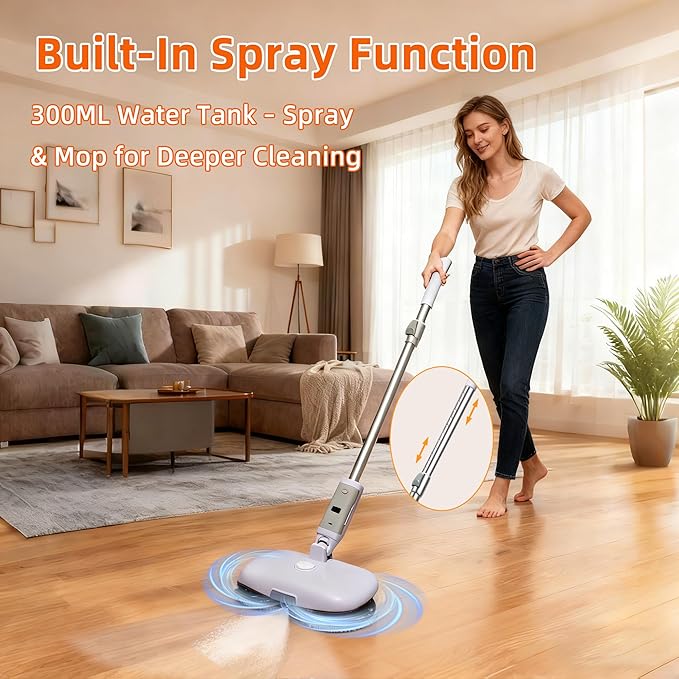 GOBOT Cordless Electric Spray Mop with High-Speed Motor, Enhanced Cleaning Power, Durable Material, LED Headlight, 300 mL Tank, Dual-Spinning Pads for Hardwood, Tile & Laminate