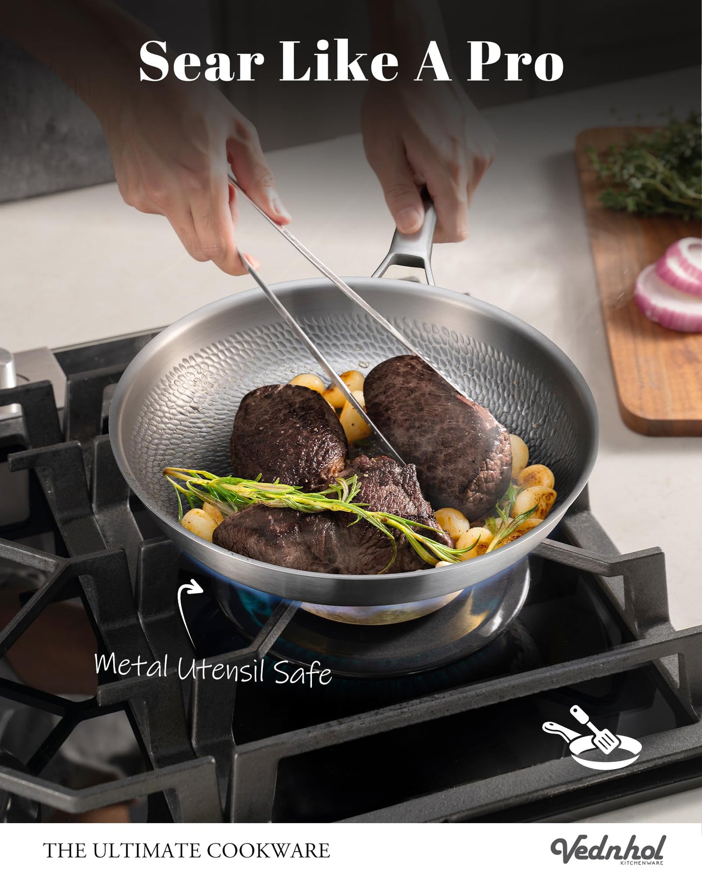 VEDNHOL Titanium Pans set, 8+10+12Inch Pure Titanium Hammered Pro with Two Lids, Non-Toxic Skillet for Cooking, PFAS/PFOA/PTFE Free Cookware, Dishwasher&Oven Safe, Kitchen Induction Compatible