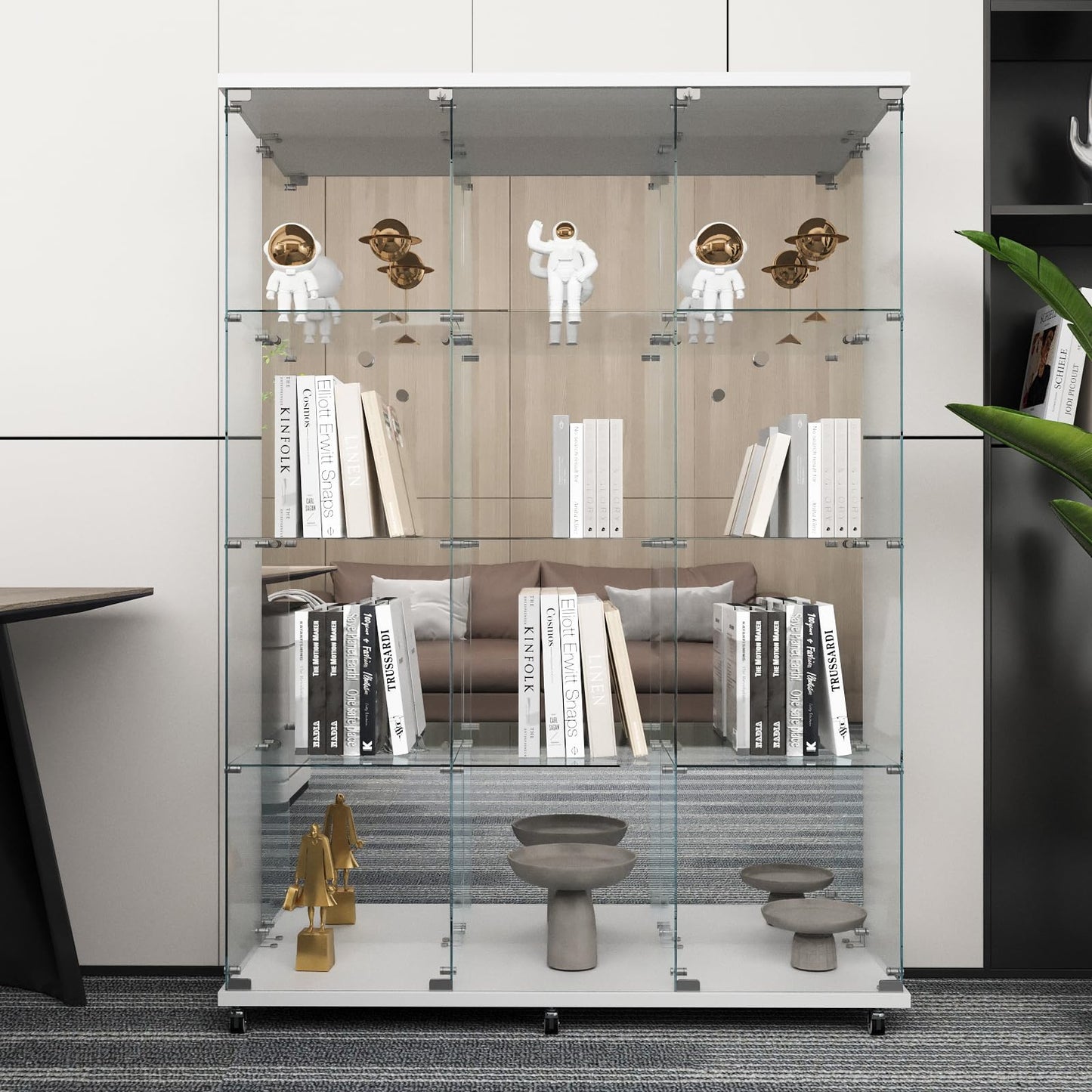 Beauty4U Glass Display Cabinet with Mirror Back Panel, 12 Shelves with 3 Columns, Curio Cabinets for Living Room, Bedroom, Office, White Floor Standing Glass Bookshelf, Quick Installation