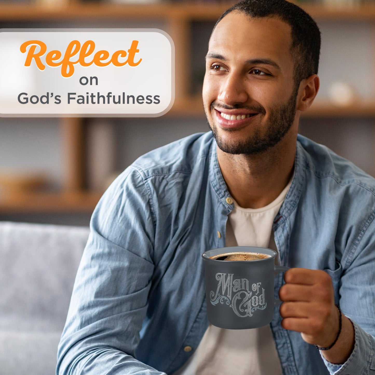 Christian Art Gifts Charcoal Gray Camp-Style Ceramic Coffee Mug – 13 oz. Lead and Cadmium-Free Non-Toxic Inspirational Scripture Coffee and Tea Mug for Men with Bible Verse: Man of God –1 Timothy 6:11