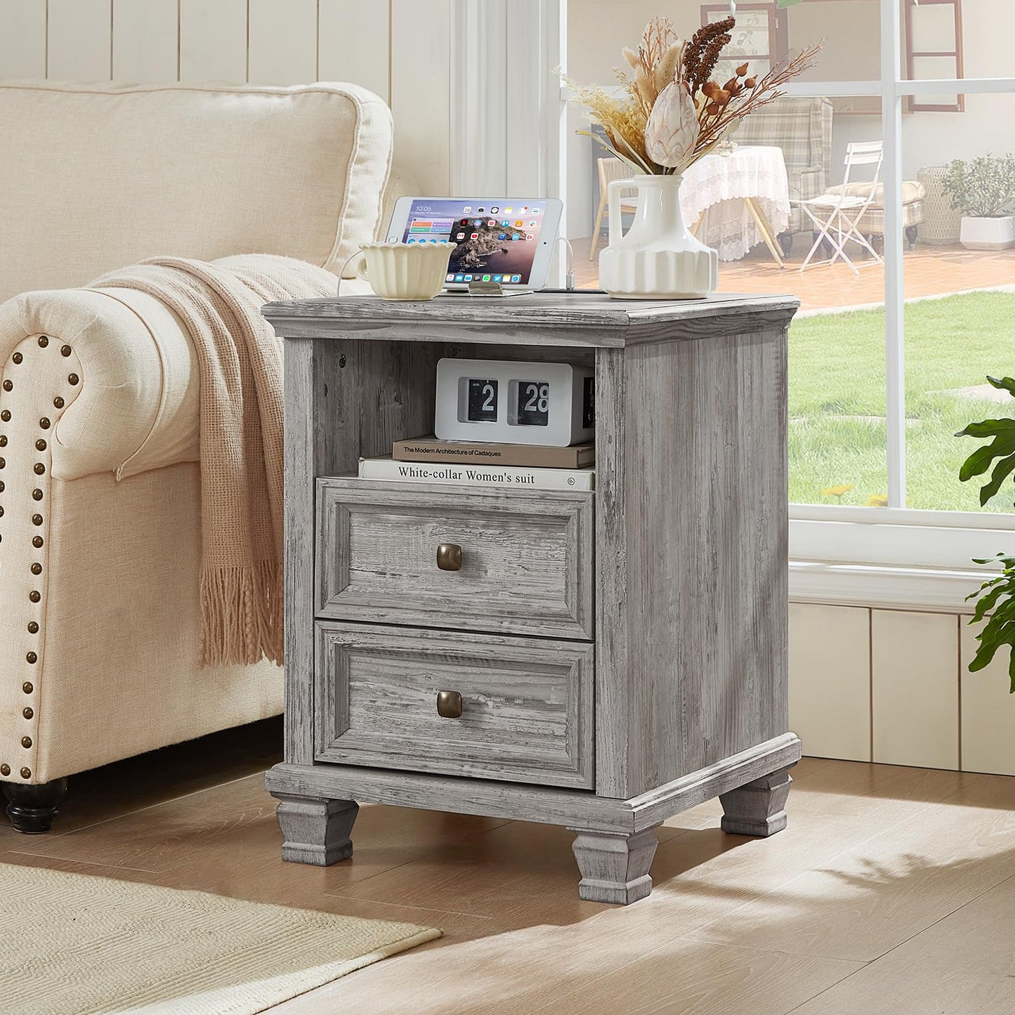 SAVOR LIFE Farmhouse Nightstand Set of 2 with Charging Station, Rustic Grey Nightstand,2 Drawers End Table for Living Room,Bedside Table with Open Shelf for Bed Room,Grey