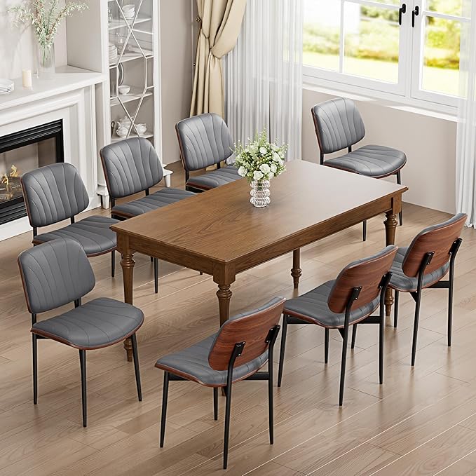 YaFiti Dining Chairs Set of 2, Dining Room and Kitchen Chairs, Mid Century Modern Accent Chair, Upholstered PU Leather Chairs for Vanity with Walnut Bentwood and Metal Legs, Gray