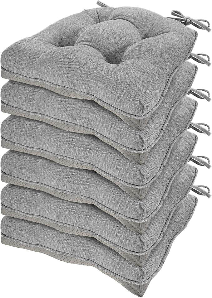 HARBOREST Chair Cushions for Dining Chairs Set of 6 - Chenille Tufted Kitchen Chair Cushions with Ties and Non-Slip Bottom, Foam Chair Pads for Dining Chairs, 17" x 17", Light Grey