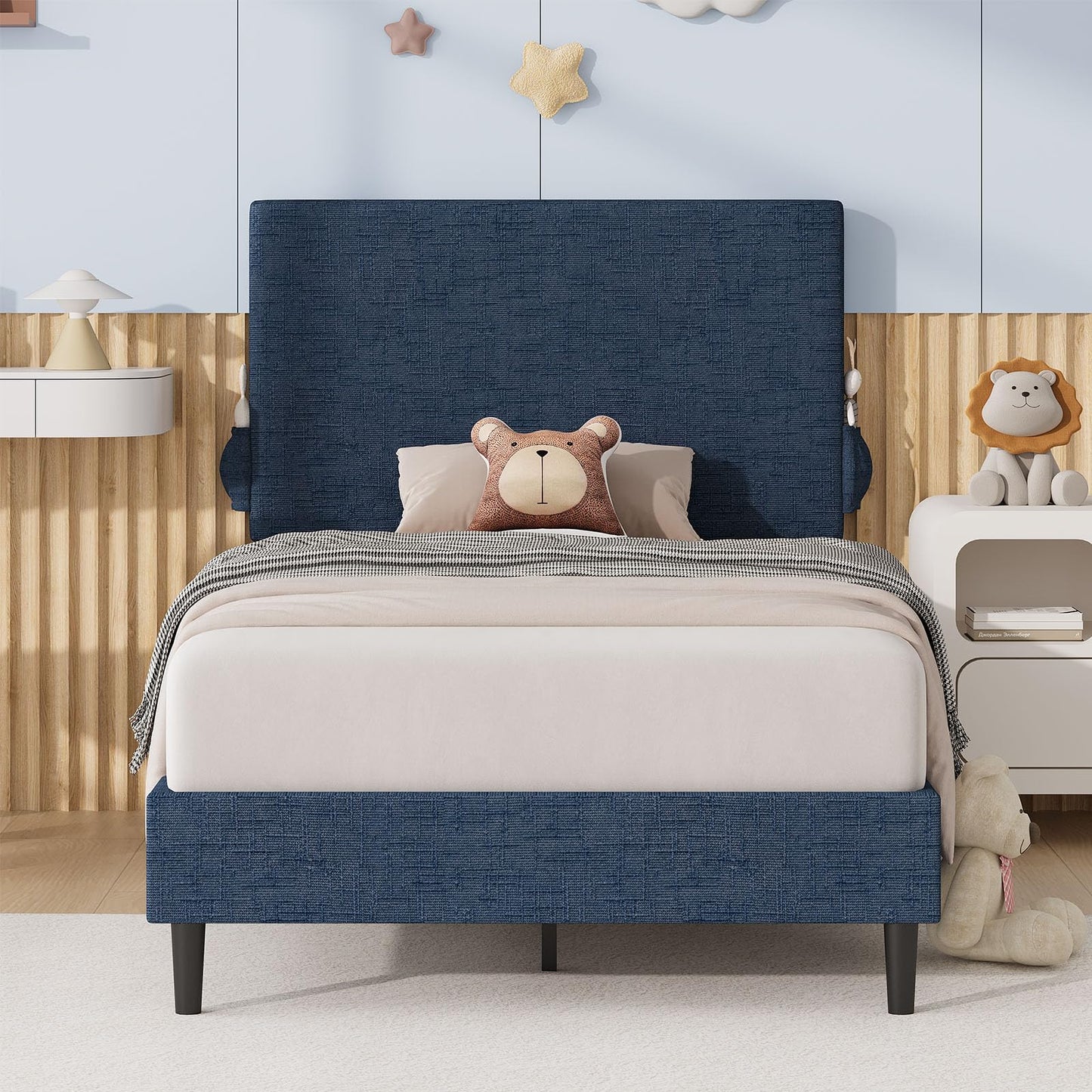 Twin Bed Frame with Headboard, Chenille Fabric Upholstered Platform Bed with Strong Wooden Slats, Kids Twin Bed Frame, No Box Spring Needed, Noise Free, Easy Assembly, Blue