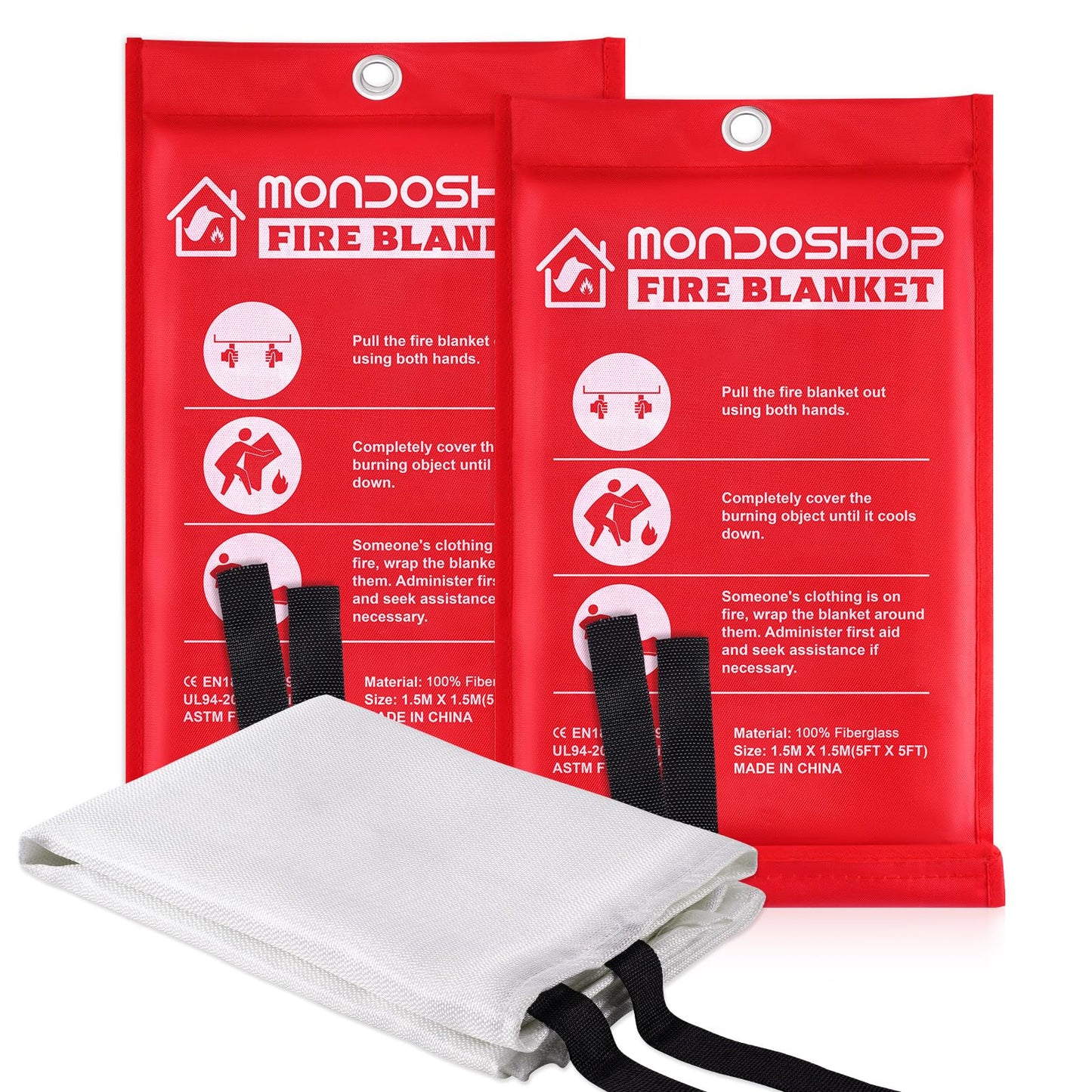 Mondoshop Fire Blanket Emergency for Home and Kitchen - 2 Pack 60"x60" Fire Blankets Fire Resistant Blanket for Camping, Grill, Car, Office, Warehouse, School, Picnic, Garages, Workshops