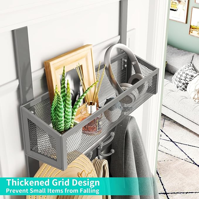 HapiRm Over The Door Hooks - Easy Installation Door Hanger with Basket and 16 Hooks, 304 Stainless Steel Storage Organizer for Towels, Coats, Bathroom, Kitchen, Dorm-Grey