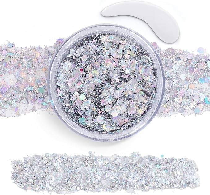 Silver Face Body Glitter Gel,Chunky Hair Glitter for Singer Concerts Silver Face Paint, Makeup Festival Rave Accessories f...