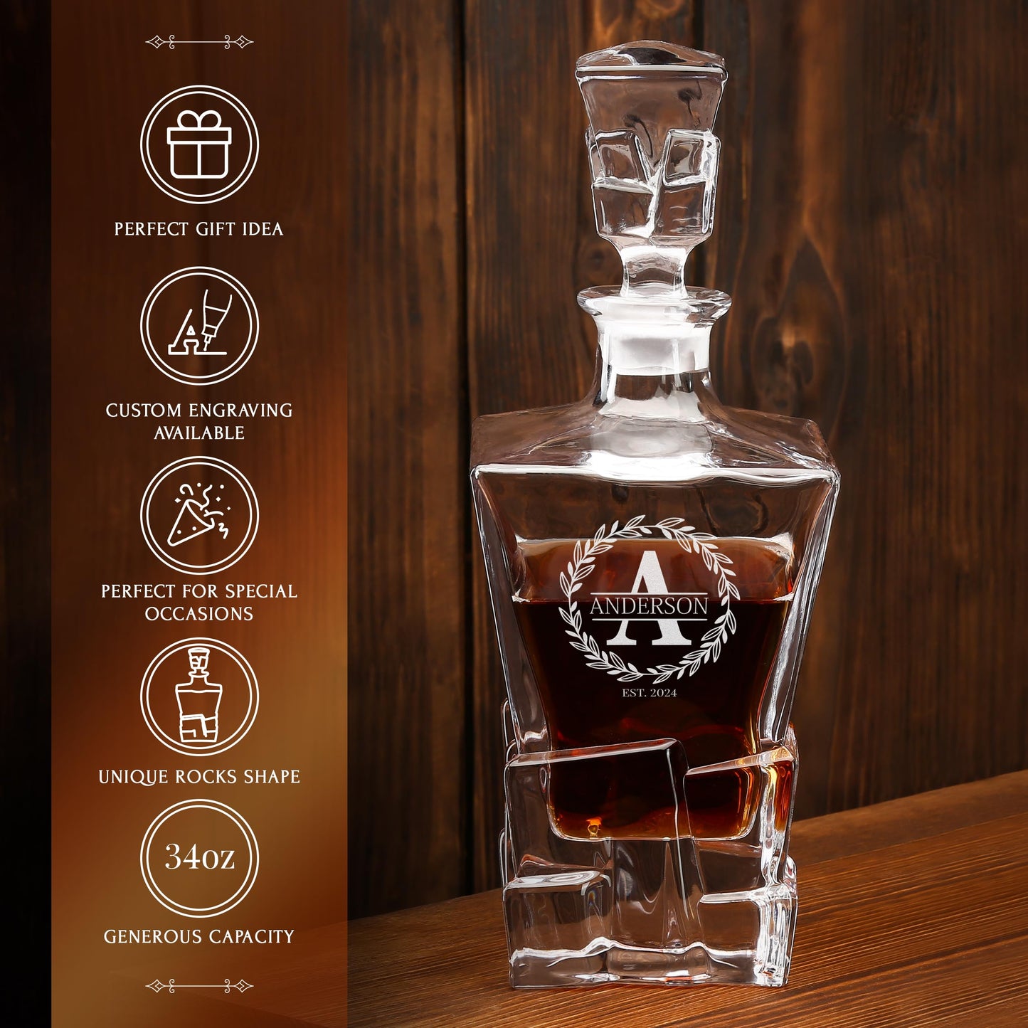 Personalized Whiskey Decanter and Stones Set - Customized Gift for Men, Dad, Father - Engraved Rocks Whiskey Decanter, 2 XL Glasses, 8 Whisky Cubes, 2 Coasters, Tongs, Pouch in Wooden Gift Box