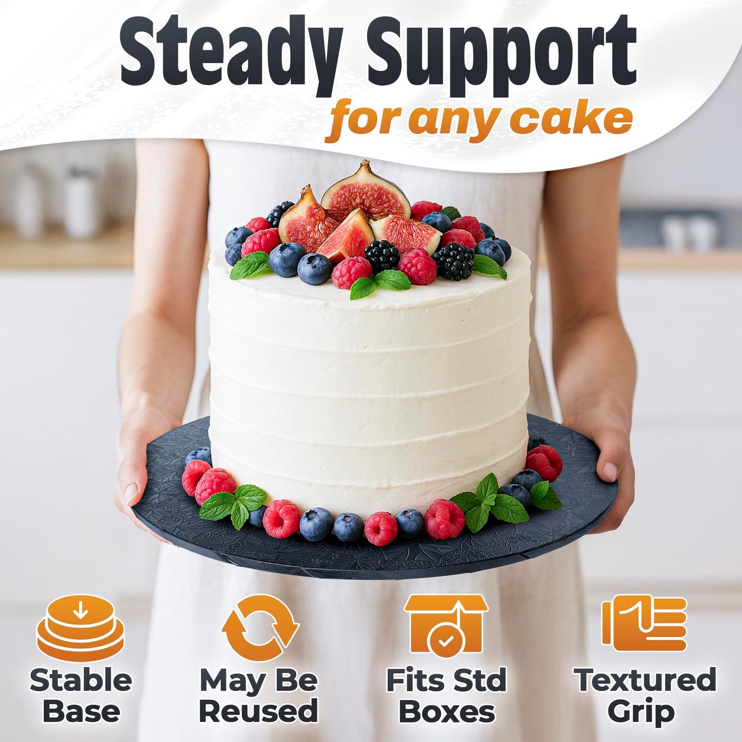 12 Inch Cake Drum - Black Round 12 Inch Cake Boards for Holiday Dessert Presentation, Grease and Moisture Resistant, Thick Durable Material with Fancy Pattern, Great for Valentine day & Birthday Cakes