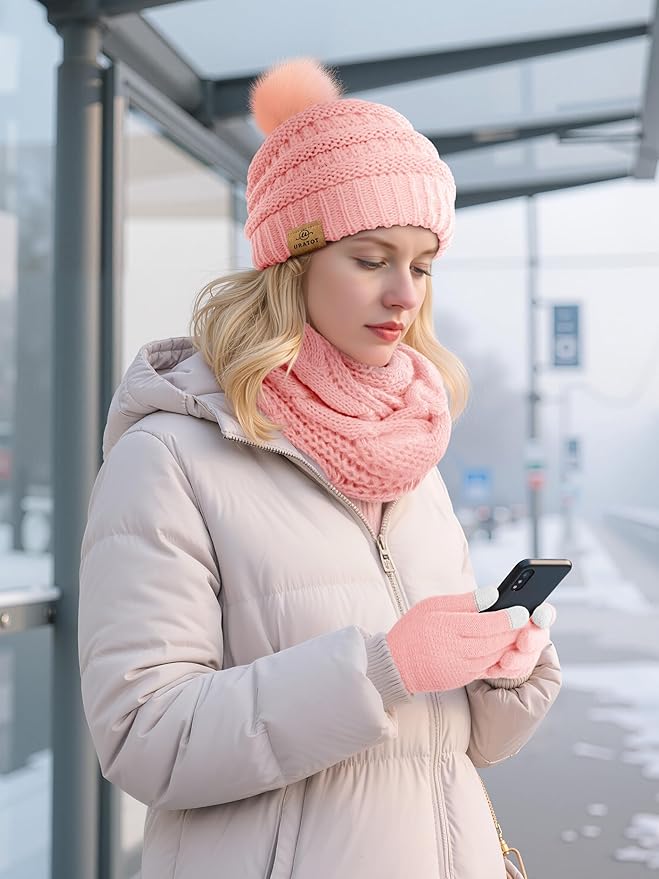 URATOT 4-In-1 Winter Warm Sets Knitted Scarf Touch Screen Gloves Beanie Pompom Hat and Winter Ear Warmer for Men or Women