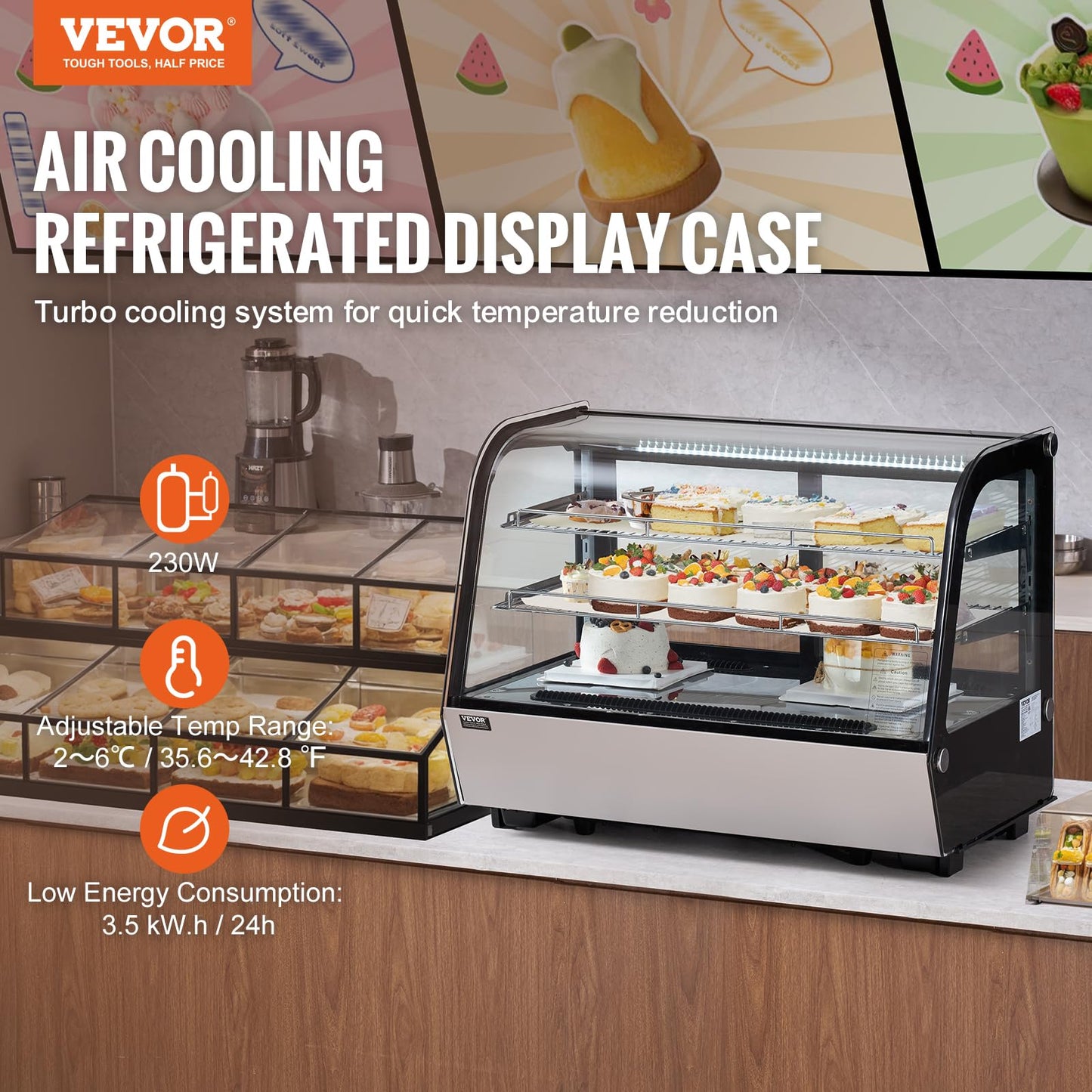 VEVOR Refrigerated Display Case, 5 Cu.Ft./146L Countertop Pastry Display Case, 2-Tier Commercial Display Refrigerator with LED Lighting, TURBO Cooling, Frost-Free Air-Cooling, for Bakery