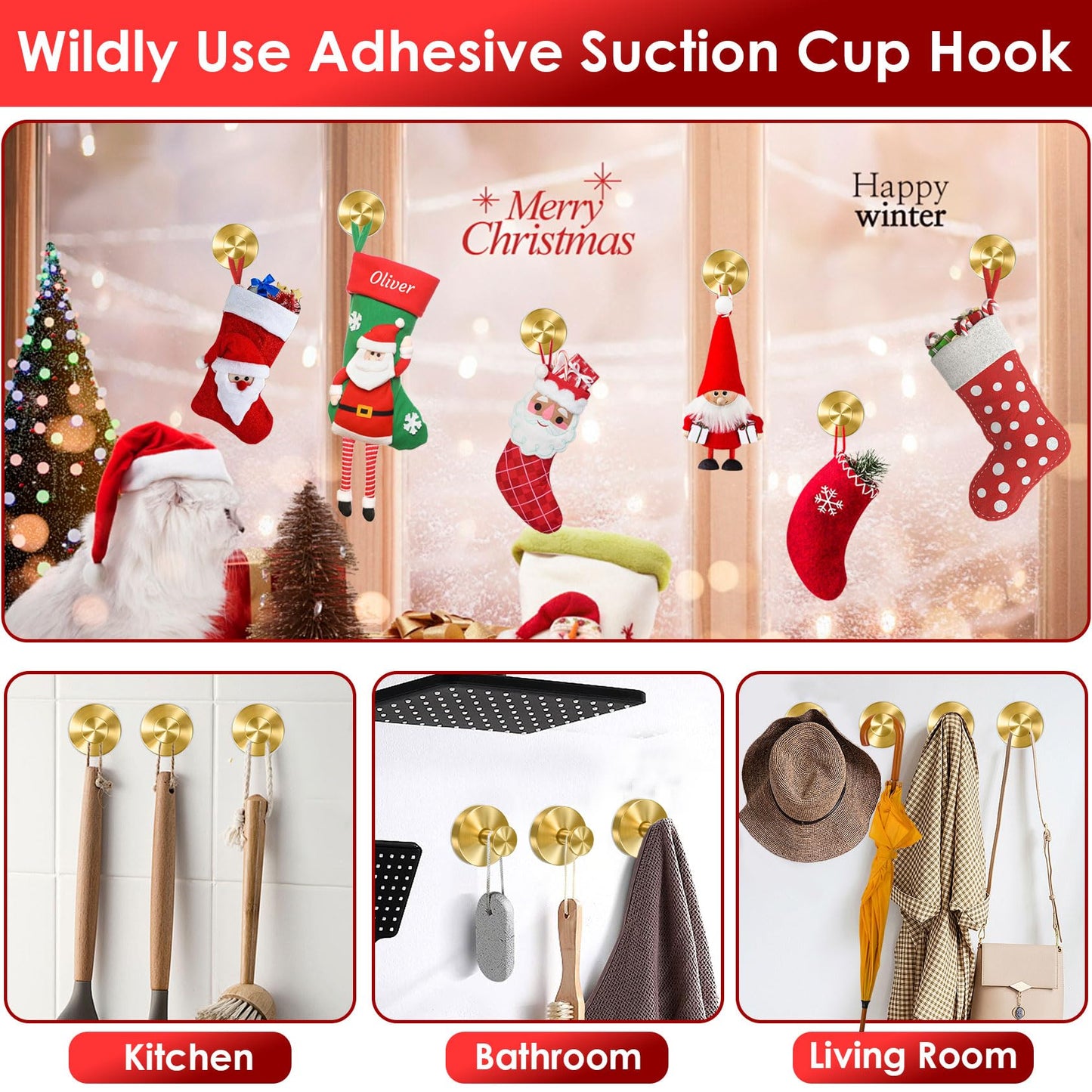 Gold Wreath-Hanger, 22 LB Strong Stainless Steel Suction-Cup-Wreath-Hooks, 2 Pack Wreath-Door-Hanger Fall Halloween Christmas Decorations, Welcome Sign for Front Door Indoor Outdoor, Reusable Holder