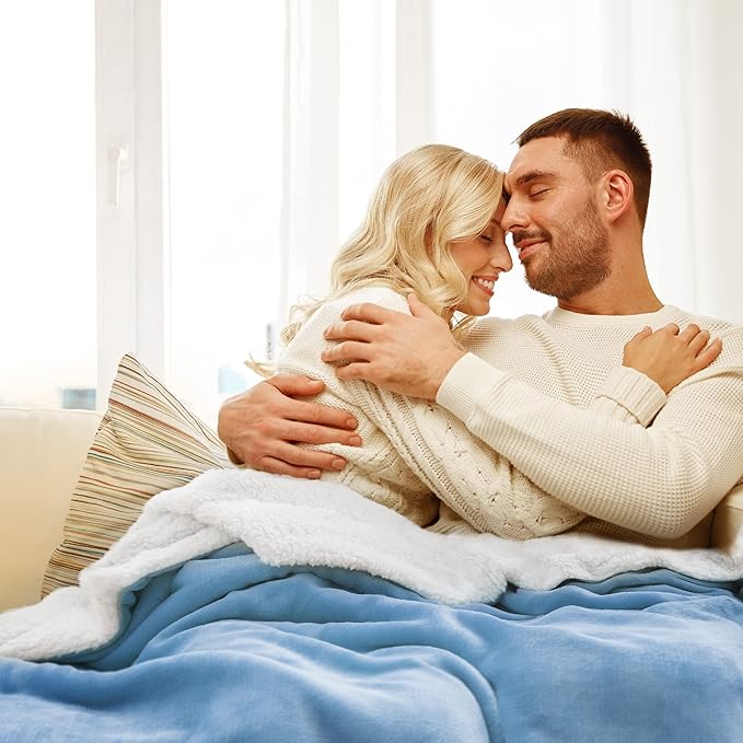 Bedsure GentleSoft Sherpa Fleece Blankets Queen Size for Bed - Thick and Warm Throw for Women and Men, Soft Fuzzy Plush Queen Blanket for Winter, Non-Heated, Washed Blue, 90x90 Inches