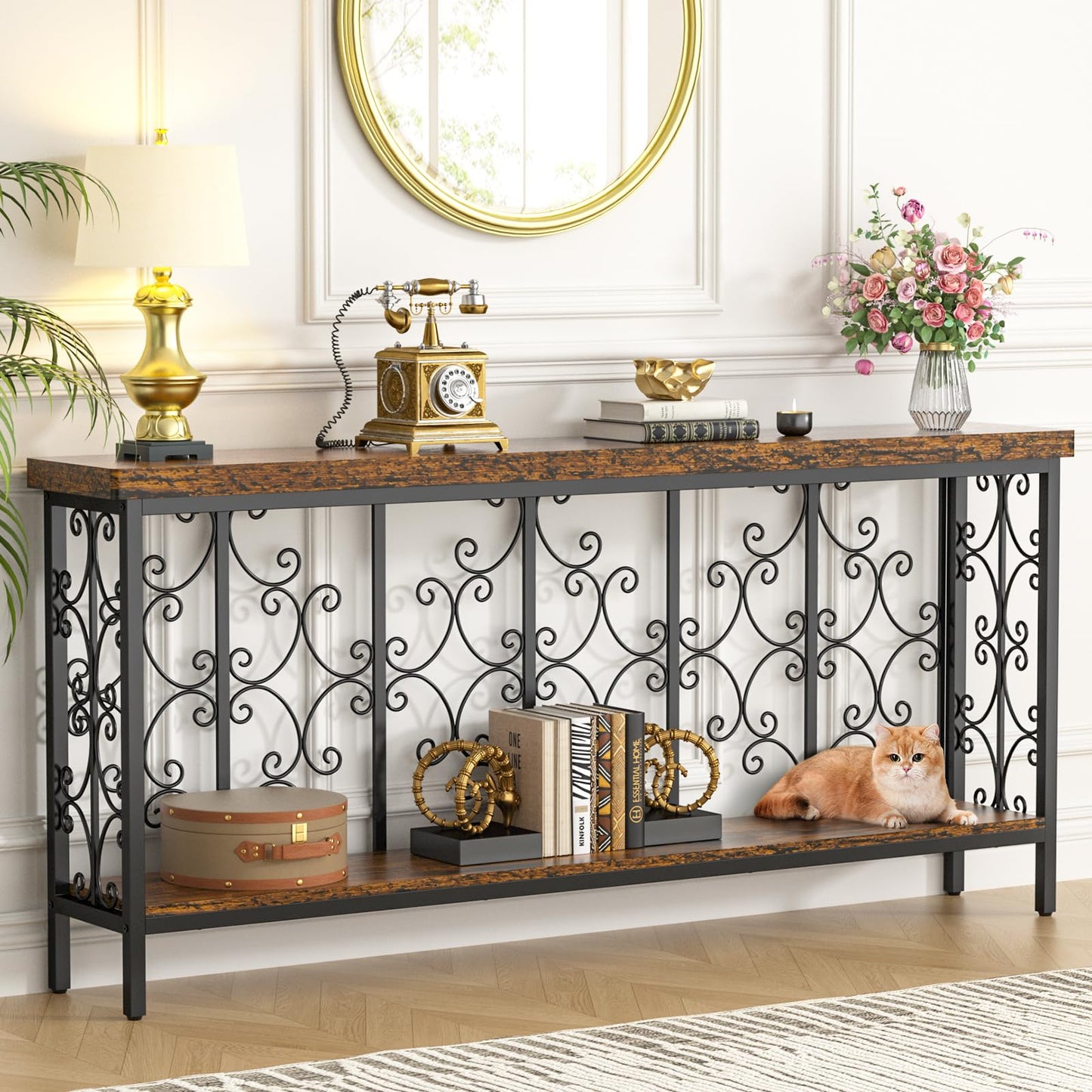 ikkle 70.9" Extra Long Console Table, Industrial Narrow Sofa Table Behind Couch with 2 Tier Storage Shelf, Entryway Hallway Accent Table for Living Room, Foyer, Rustic Brown