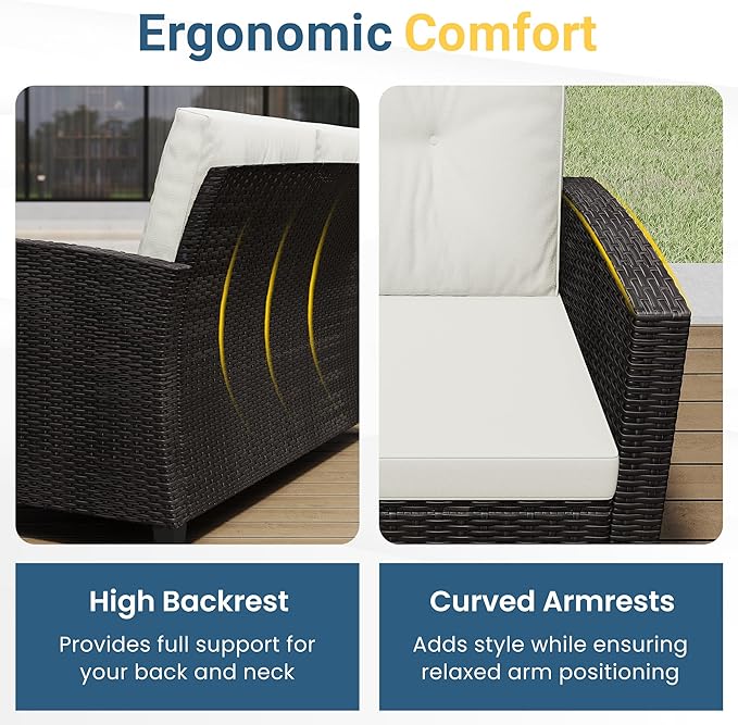 Wisteria Lane 4 Piece Patio Furniture Set, Wicker Outdoor Patio Conversation Furniture Set, All Weather Outdoor Patio Sofa with Cushion and Wood Table, Beige