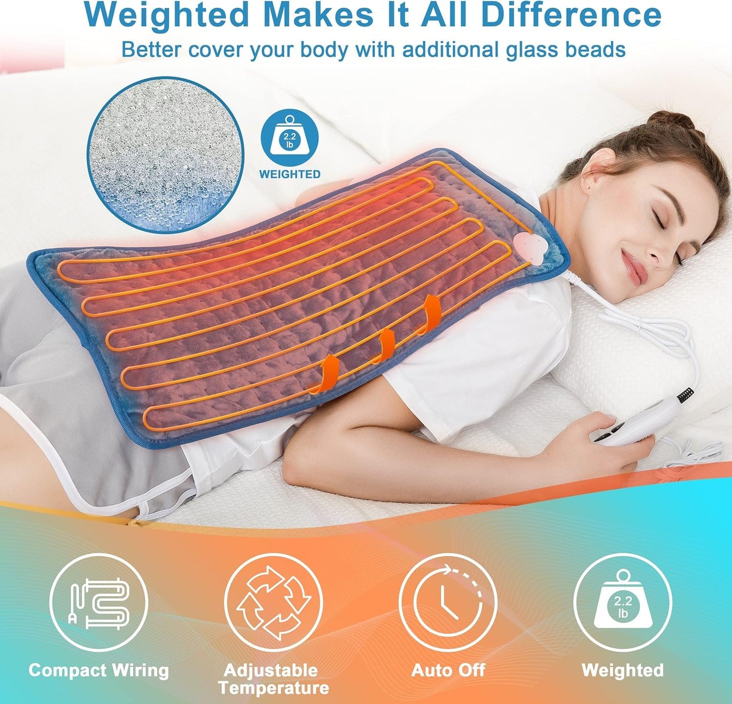 Deepsoon Heating Pad,Electric Heating Pads for Back,Neck,Abdomen,Moist Heating Pad for Shoulder,Knee,Arms,Legs,Dry/Moist Heat & Auto Shut Off,Christmas Gifts for Men and Women,Weighted Blue,24x12 Inch