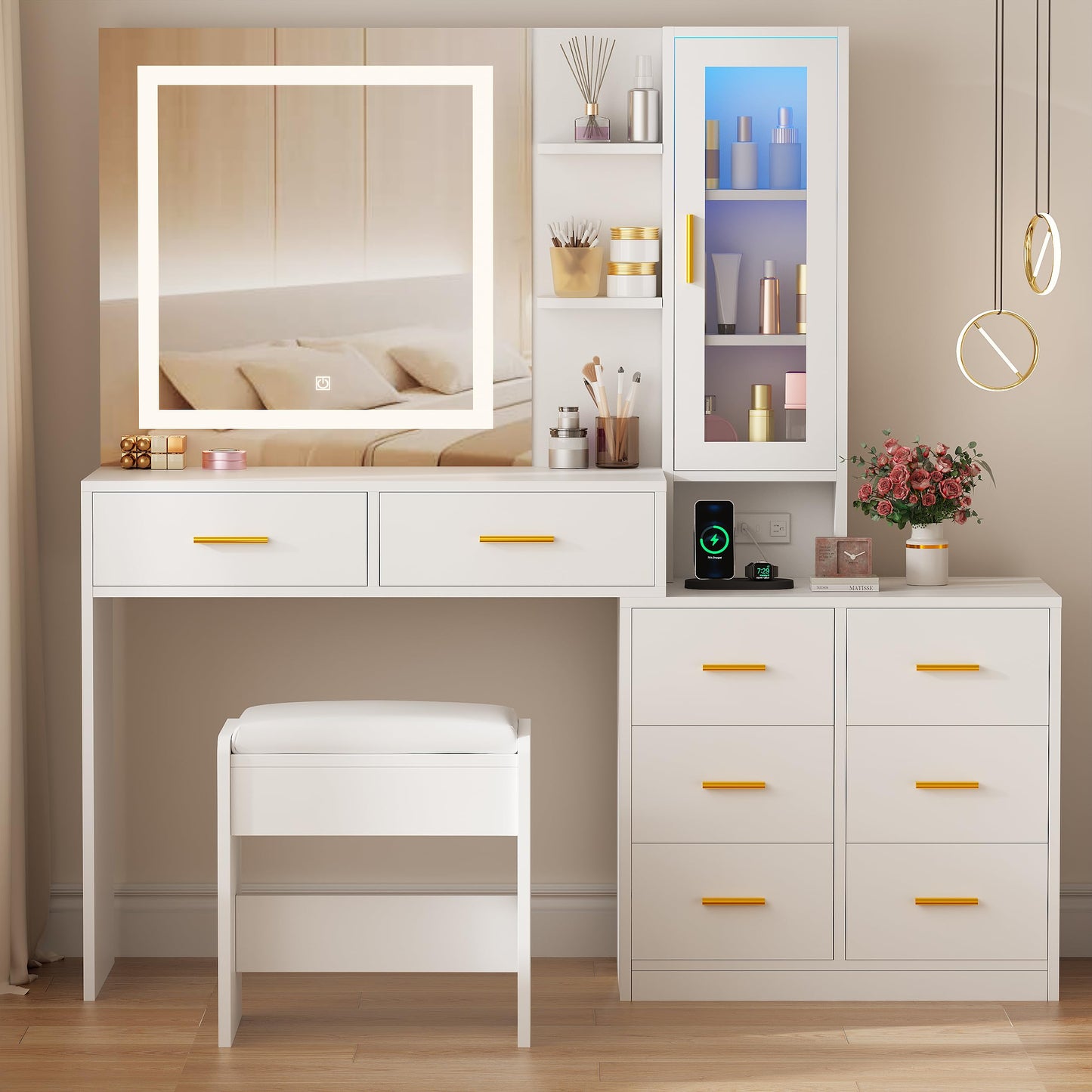 ANWBROAD 51.8" Makeup Vanity Desk with Mirror and Lights White Vanity Table with RGB Storage 8 Drawers Power Outlet Large Dresser Dressing Table with Storage Shelves Stool for Bedroom Girls UBDT77W